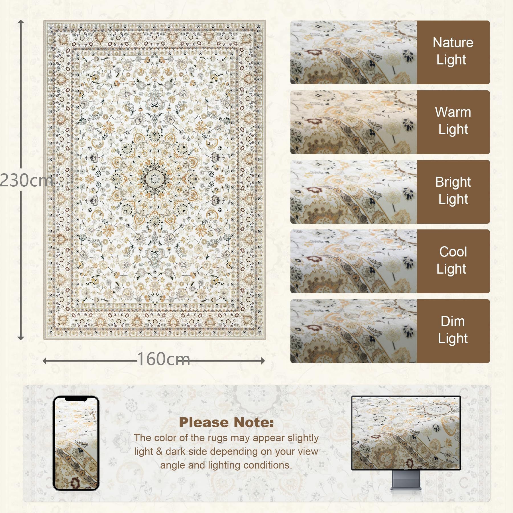 ZAEWRY Tappeto Antiscivolo per Soggiorno — Stile Bohémien, Lavabile in Lavatrice, Morbido — Adatto per Camere da Letto e Sale da Pranzo (160 x 230 cm) - 2