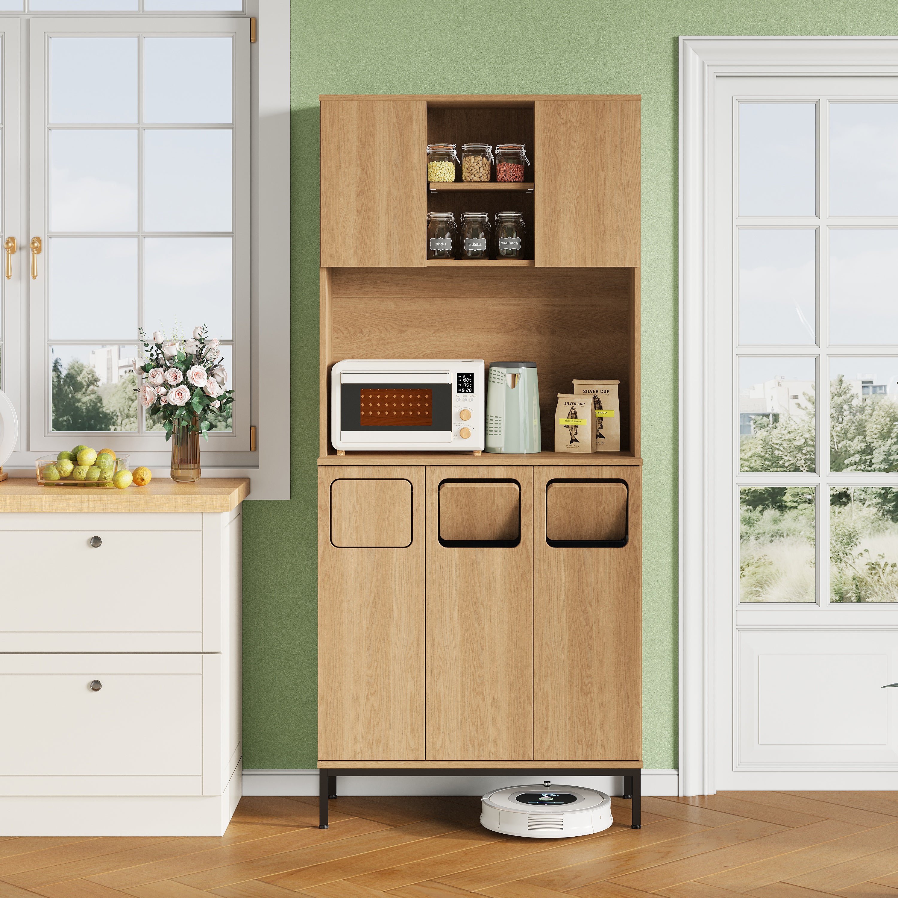 Armario de cocina de tres puertas con separador de residuos, 181 cm de altura, exterior de roble, dimensiones: 80 x 35 x 181 cm.