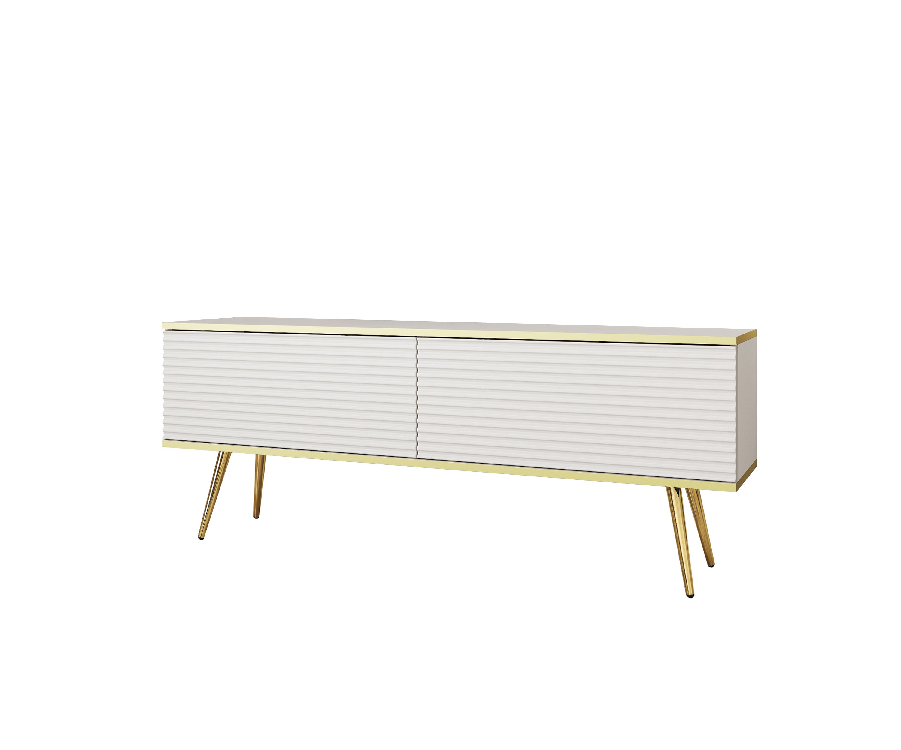 Stolik pod TV z białymi listwami, złote nogi, 135 x 30 x 52 cm, otwierany na naciśnięcie