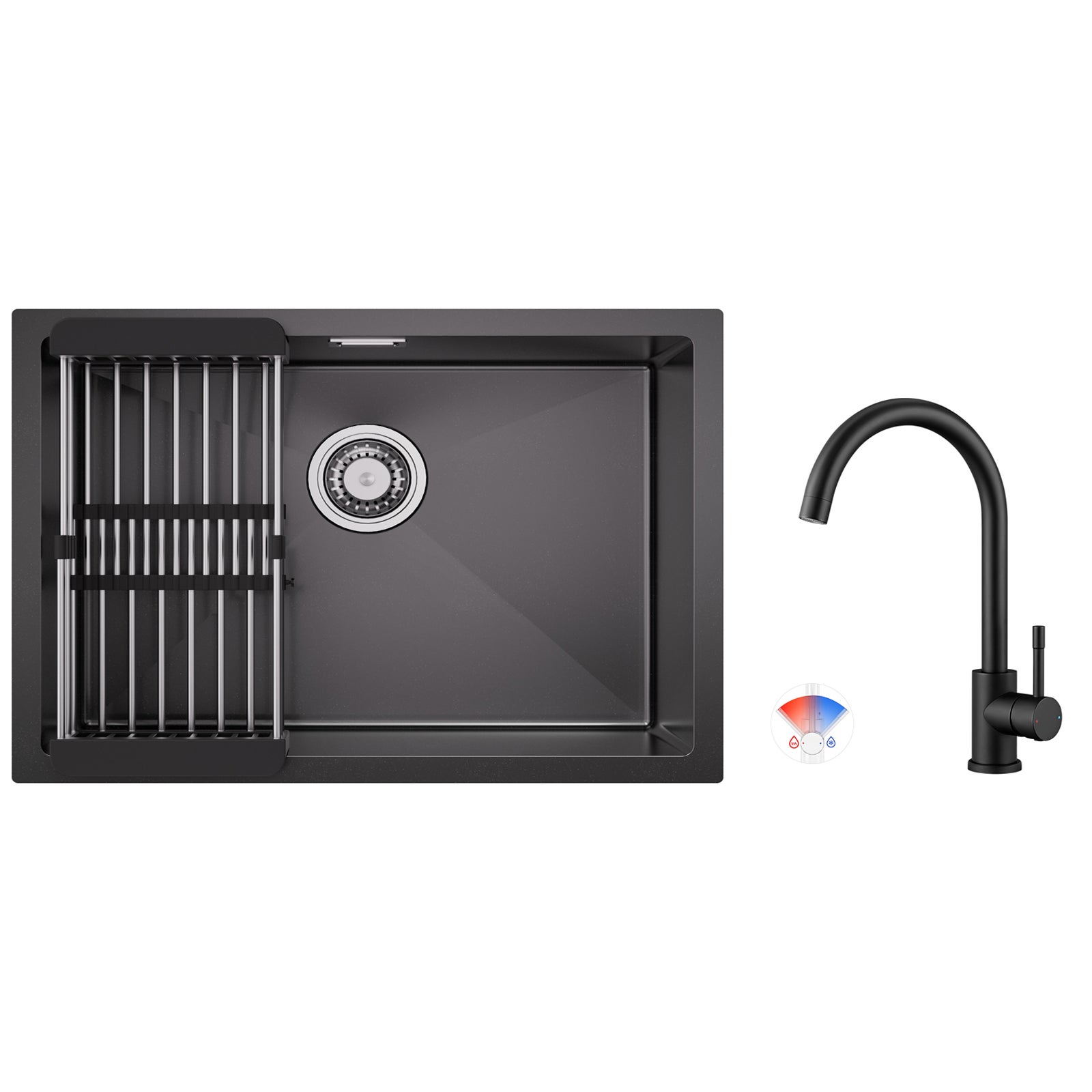 Évier 1 Bac 60×44CM Noir Évier Cuisine Inox avec Panier de Drainage ...