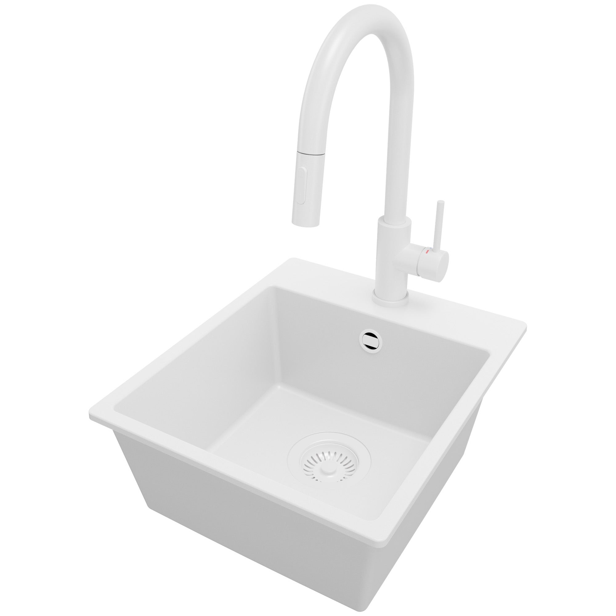 Zlewozmywak Granitowy Cały Biały 38x44cm, Zlew Kuchenny 1 Komorowy + Bateria 40x20cm + Syfon, Nablatowy do szafki od 40cm - Ryga Easy PRIMAGRAN