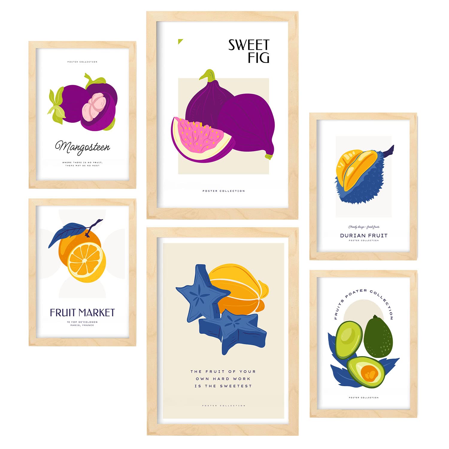 Nacnic set de 6 posters de comida y alimentación collage de frutas láminas de naturaleza y nutrición para el tamaños a3 & a4 marcos color madera