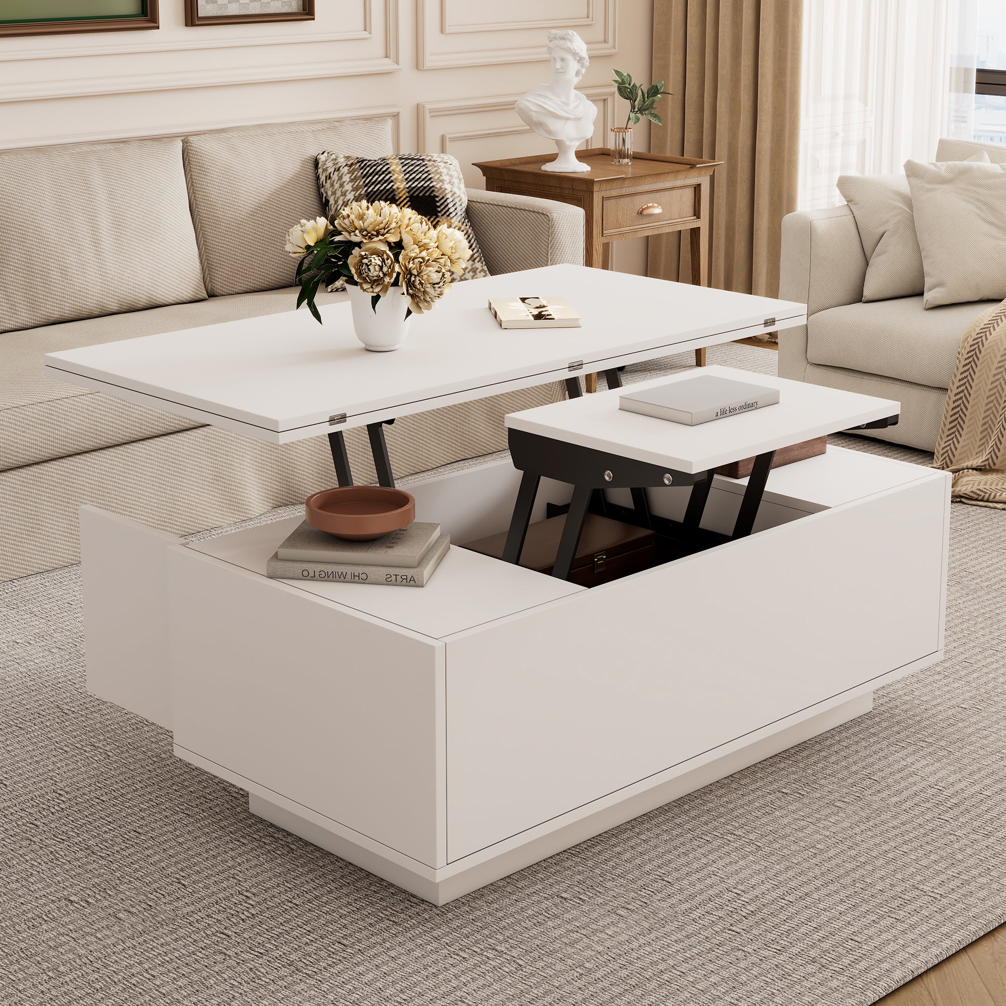 Table basse relevage, table basse blanche, rangement caché, capacité de ...
