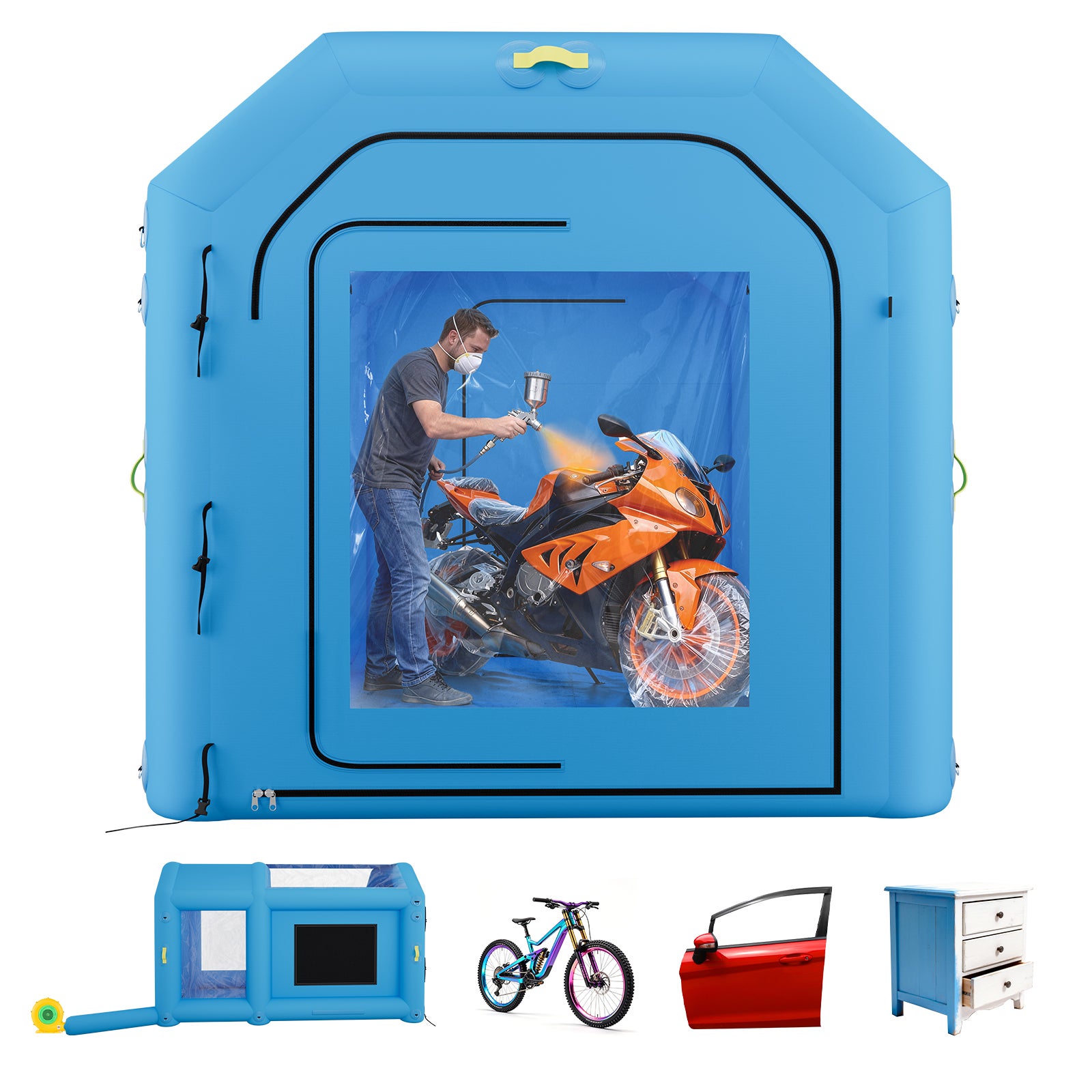 Cabină de vopsit gonflabilă VEVOR 4x2,5x2,5 m cu suflantă de 750 W, albastră, ideală pentru biciclete