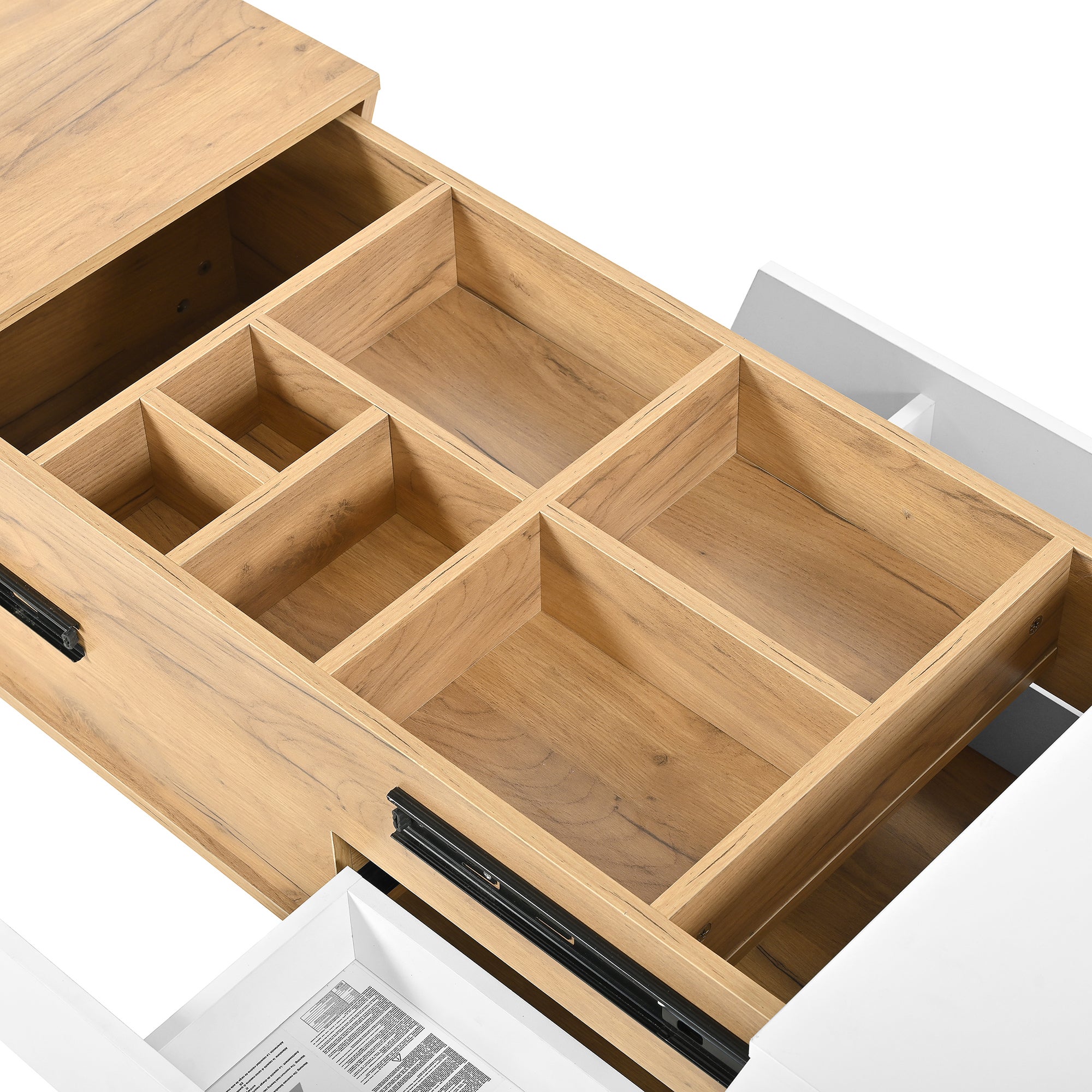 Tavolino rettangolare allungabile 120/201,5x50x37,5 cm con 2 cassetti, vano nascosto, in MDF, rovere e bianco - 8