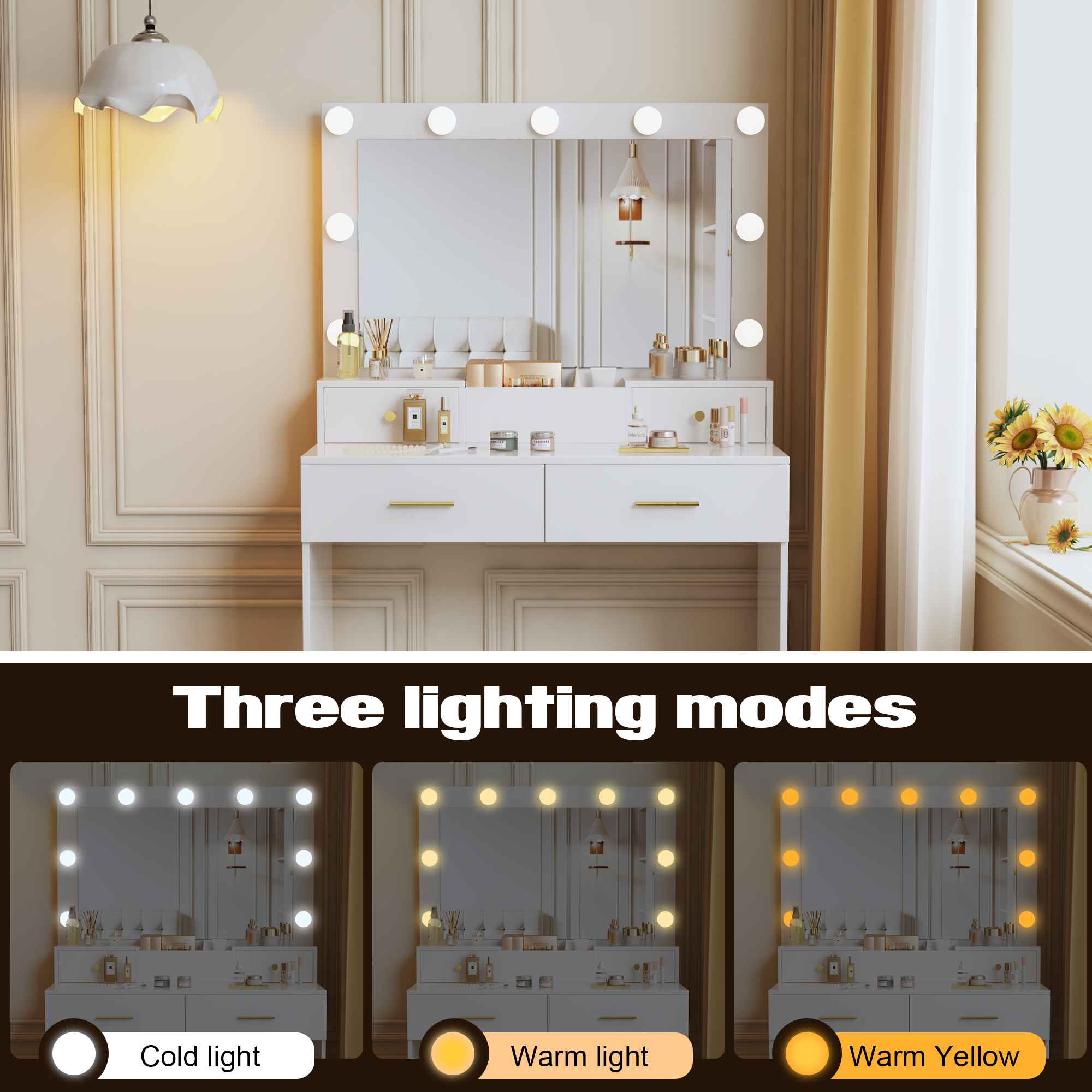 Coiffeuse avec miroir LED 9 lampes, 3 modes d'éclairage, rangement compartimenté, tabouret rembourré et poignées dorées – 137x80x39 cm - 6