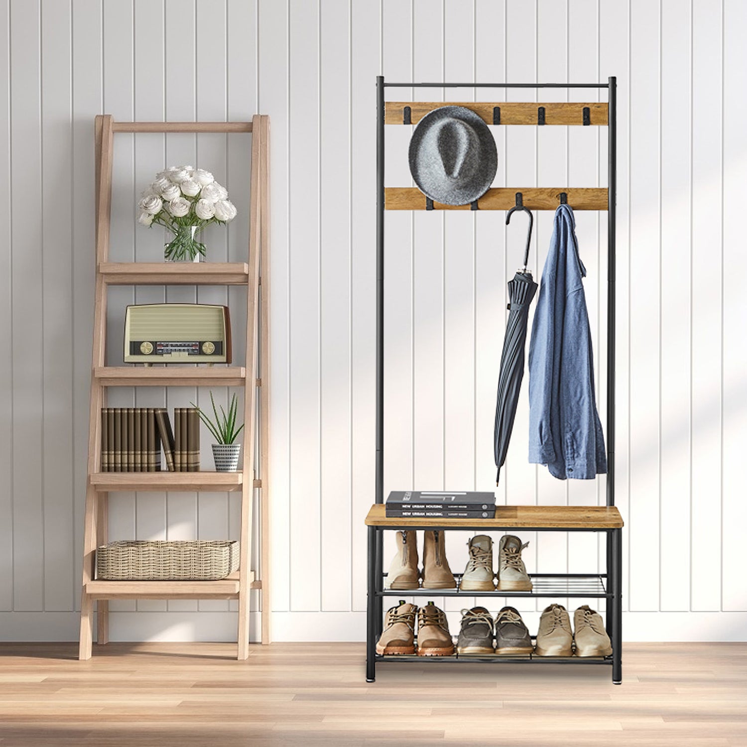 Portemanteau, 32 x 70 x 175 cm, Vestiaire avec Banc de Rangement pour Chaussures, Style Industriel, Marron et Noir - 2