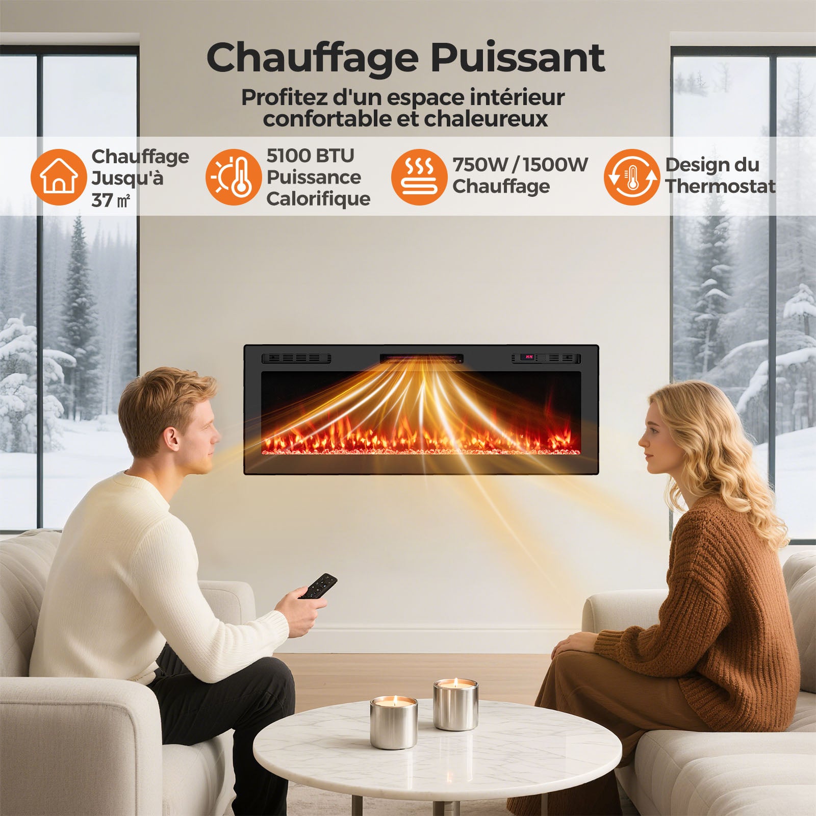 127cm Cheminée Électrique avec Chauffage 750W/1500W | Cheminee Decorative avec Effet Flamme LED | 12 Couleurs | 5 Luminosités | 5 Vitesses - 6