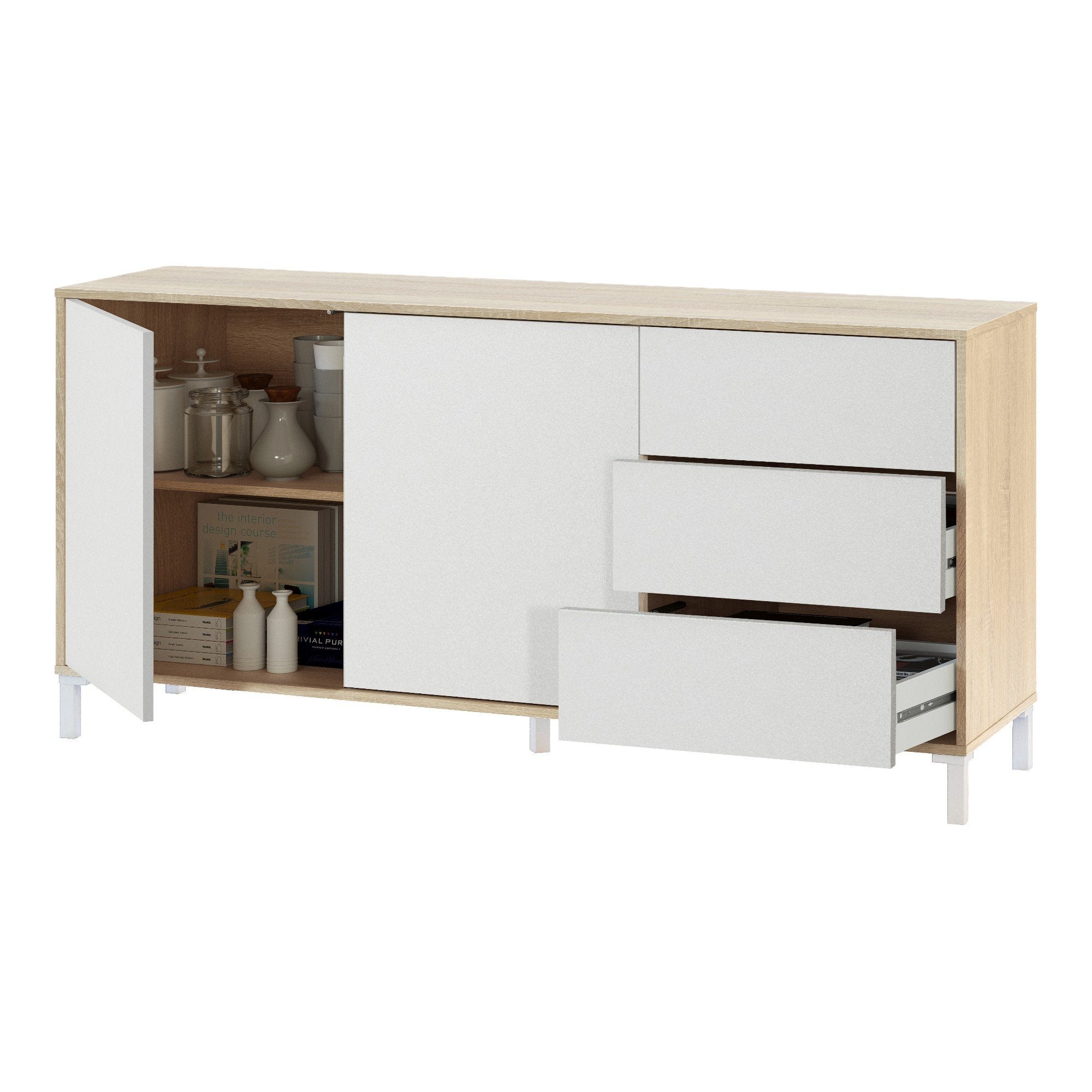 Credenza Concord, Buffet da soggiorno, Mobile porta TV, Armadio per salotto, Madia moderna a 2 ante e 3 cassetti, 154x41h74 cm, Rovere e Bianco - 5
