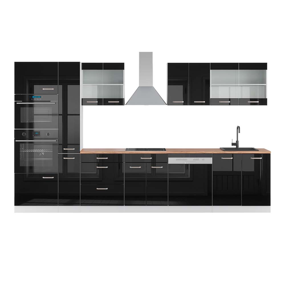 Vicco Zabudowa kuchenna R-Line, Czarny wysoki połysk/biały, 350 cm z wysoką szafką, BP Dąb
