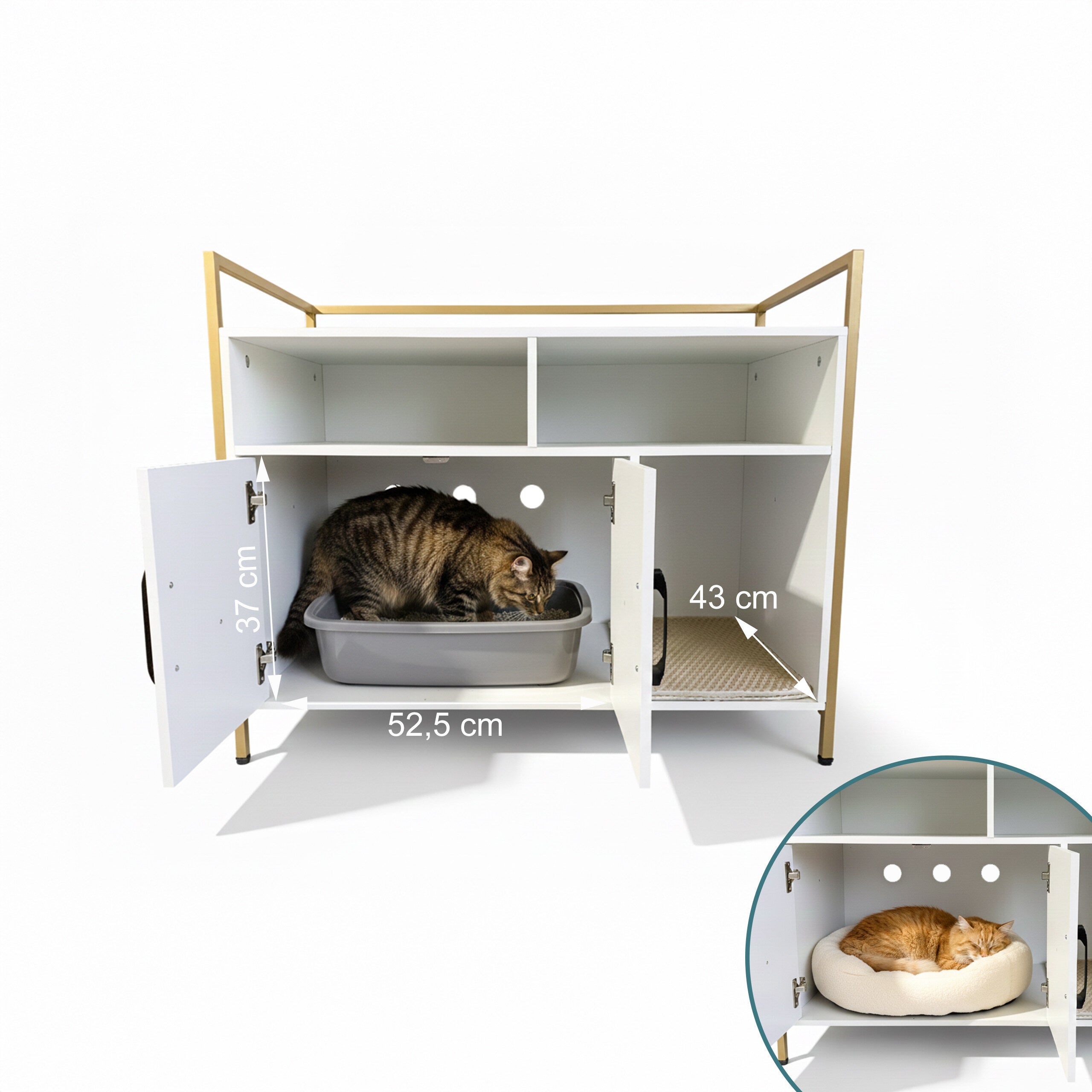 Móvel para caixa de areia para gatos com tapete, entrada, arrumação e 2 portas, 74 x 90 x 45 cm, branco/dourado, Relaxdays - 3