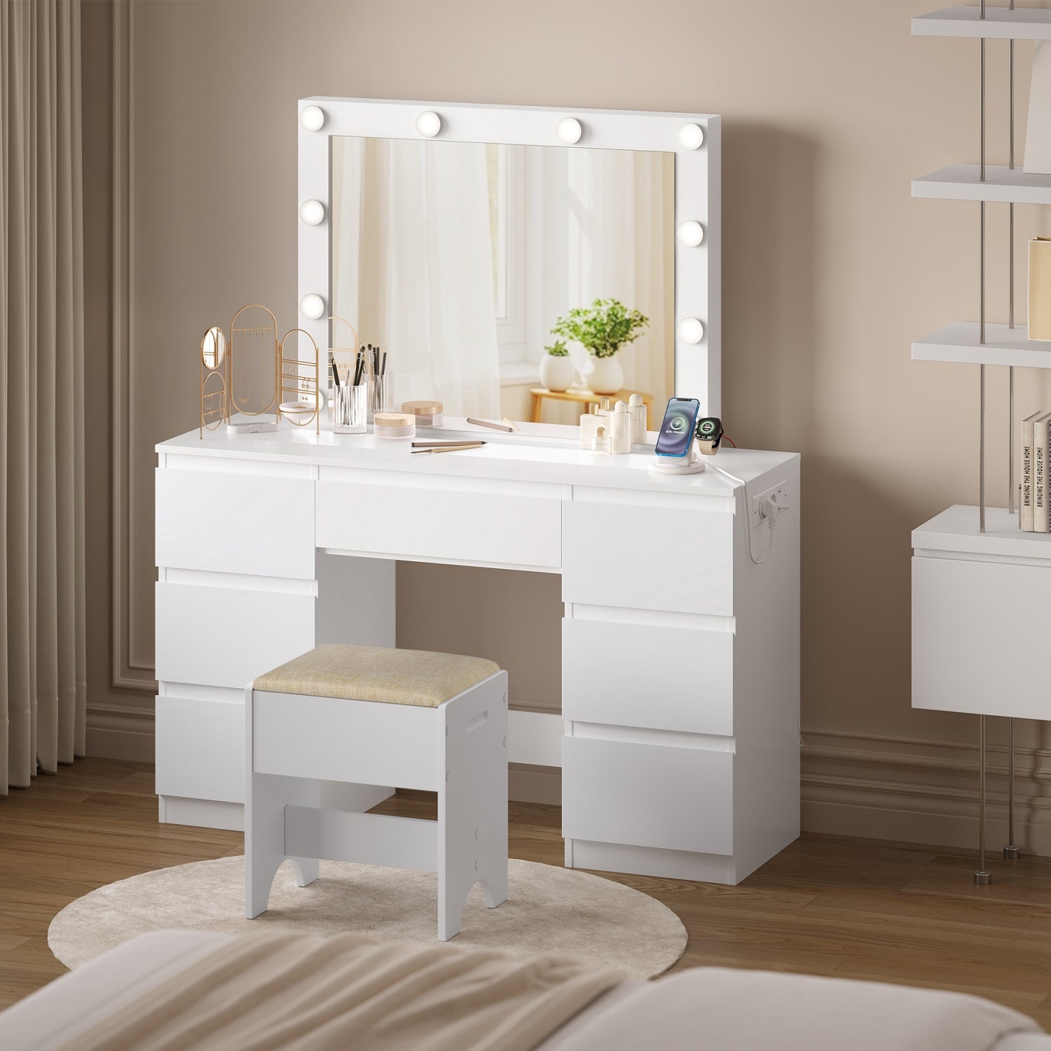 Coiffeuse avec miroir en MDF Blanc H. 110 x l. 39.5 x P. 140 cm - 3