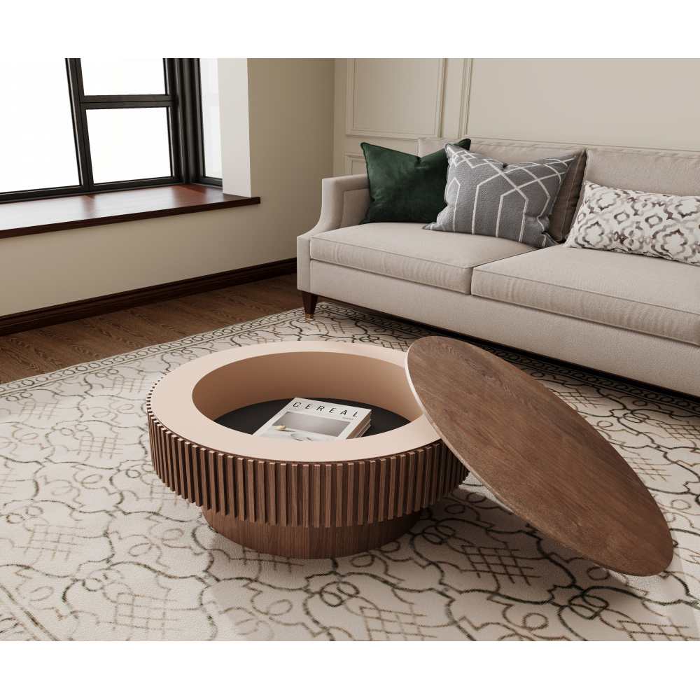 Table basse ronde 75 cm avec rangement, plateau en bois massif plaqué, design moderne et fonctionnel pour salon, chambre ou bureau - 8