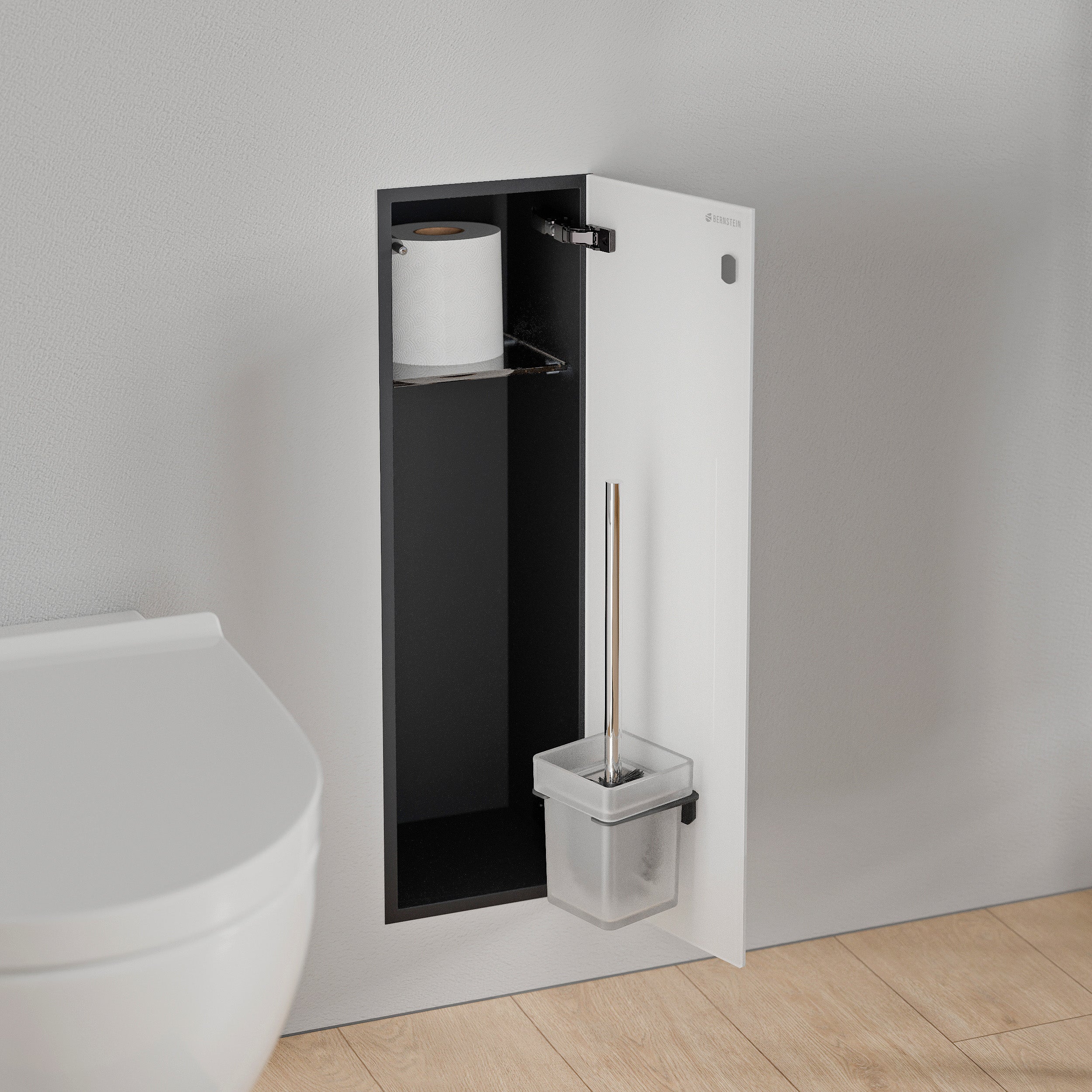 BERNSTEIN - Modulo nicchia WC in acciaio inox da incasso vetro bianco opaco 16x16x58cm (LxPxH) porta scopino + 1 ripiano incernierato a destra - RIA - 2