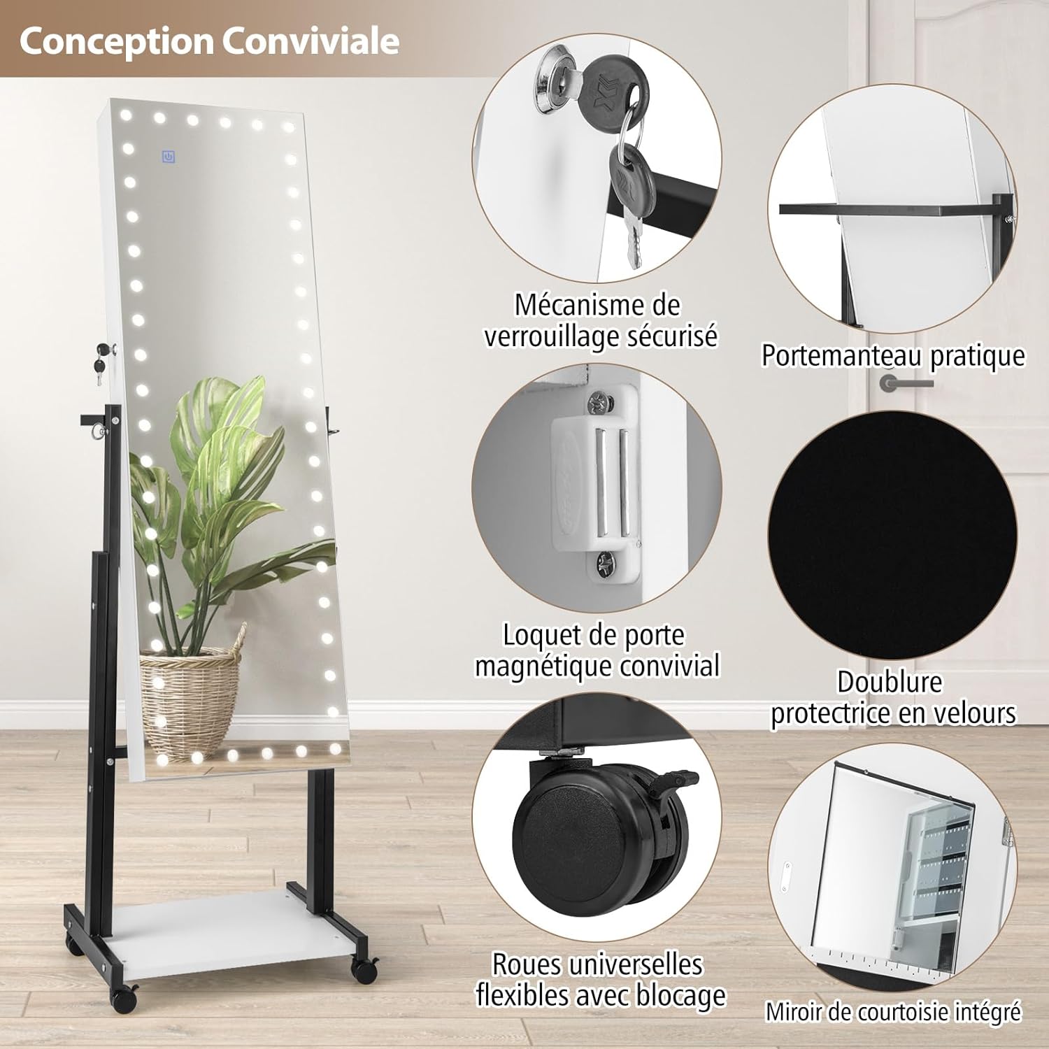 Armoire à Bijoux Miroir Pleine Longueur avec LED Réglable en Hauteur et en Angle-Roues Universelles et Porte-manteau, Blanc - 5