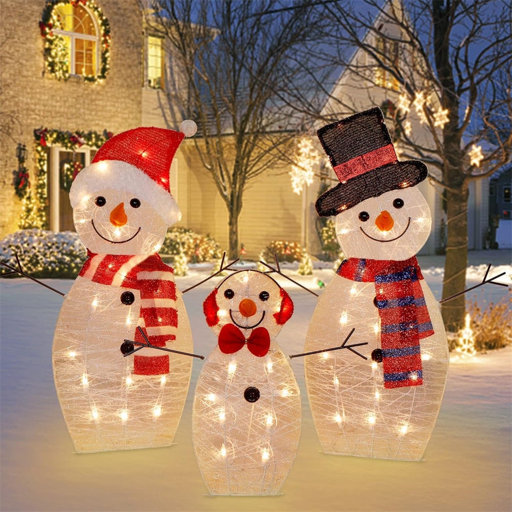 Décorations de Noël pour jardin,lot de 3 bonhommes de neige pré-assemblés et lumineux,lumières LED chaudes,pour décorations intérieures et extérieures - 5
