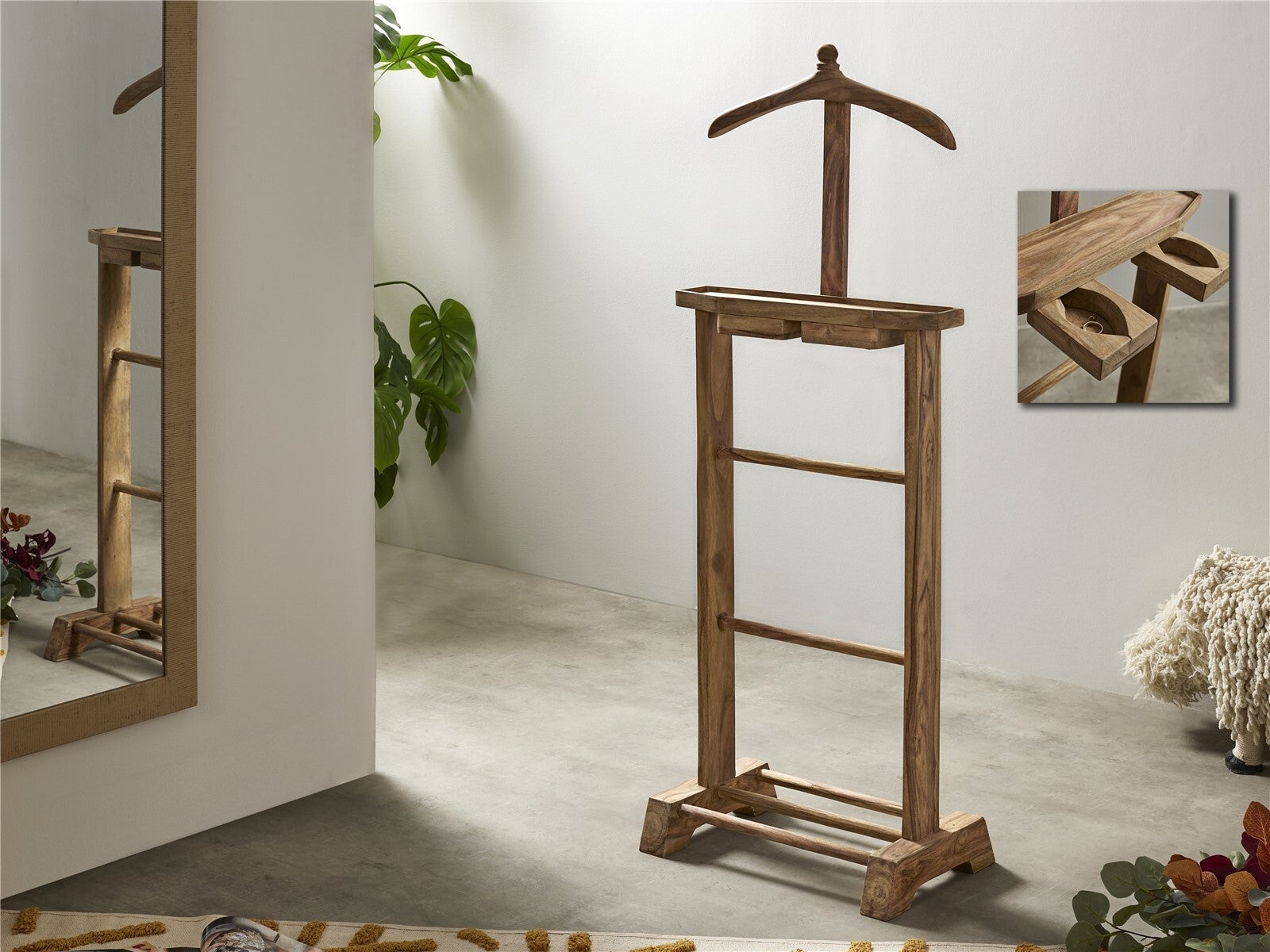 Valet De Nuit En Bois Massif Avec Porte-manteau Et Plateau - Dimensions 43x34x107 Cm - Pour Costume, Vêtements Homme/femme