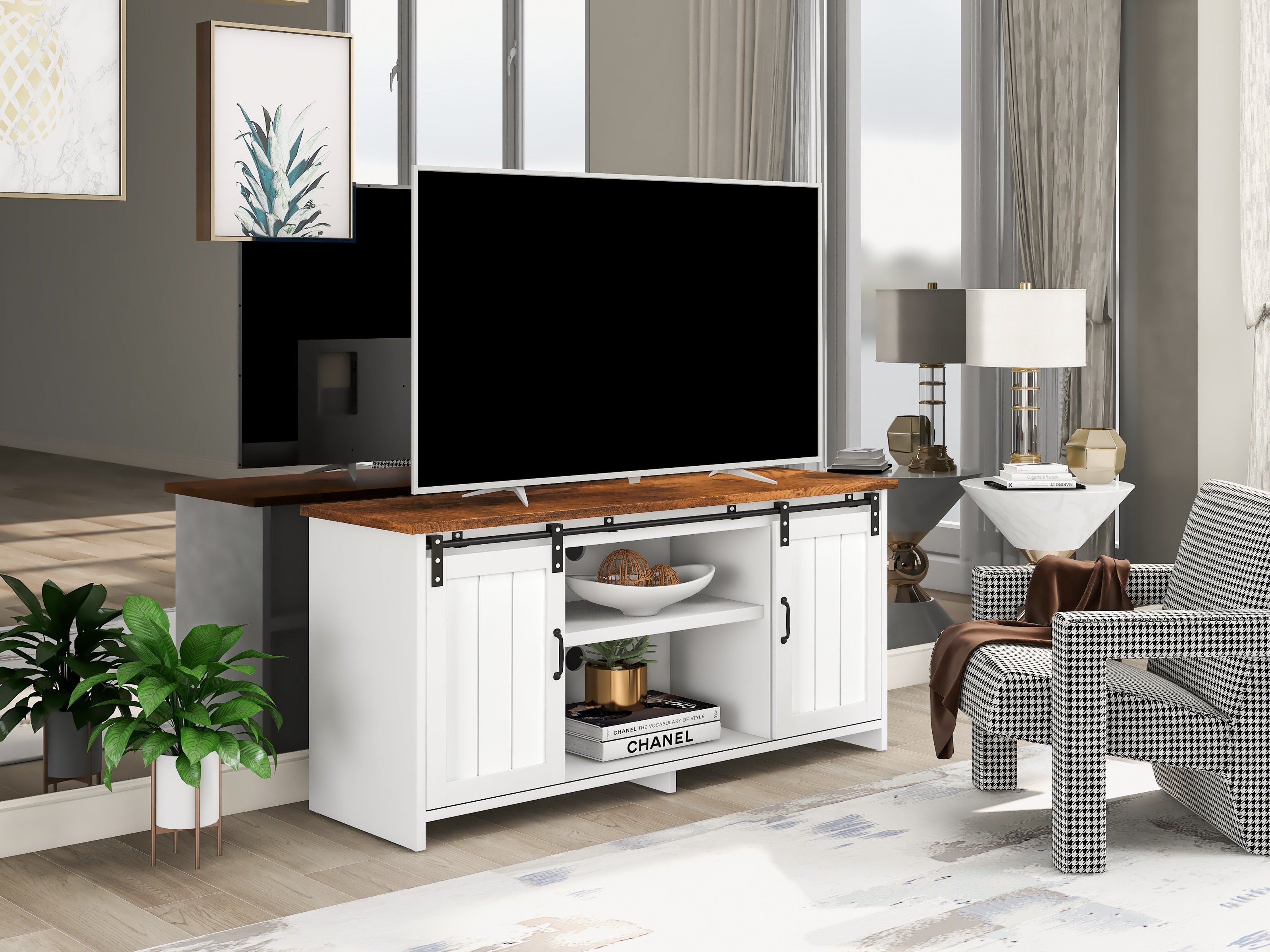 Meuble TV, buffet, meuble de cuisine, meuble de rangement, meuble d'appoint, avec 2 portes coulissantes, étagère réglable, étagères ouvertes, salon, s - 2