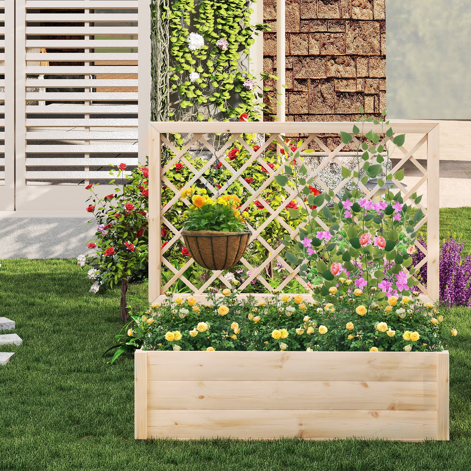 Jardinière Surélevée avec Treillis, Drainage, en Bois Massif pour Plantes Grimpantes, Fleurs, Herbes, Légumes, Fruits, 98 x 35 x 101 cm - 9
