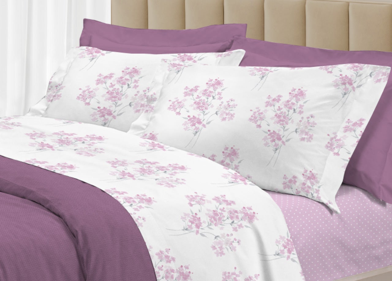 Completo Lenzuola Classico Floreale Rosa Peonia 100% Cotone Made in Italy - MARTA