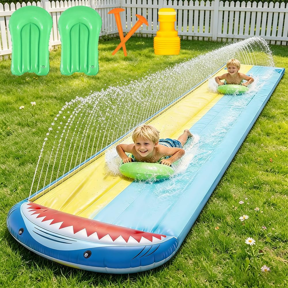 PLLYPE 15.8 ft/480 Toboggan Aquatique, Toboggan pour Pelouse avec 2 bodyboards, Toboggan de pelouse d'été avec arroseur intégré pour Jeux d'eau en Extérieur, Fête D'été, Jardin Pelouse (Bleu