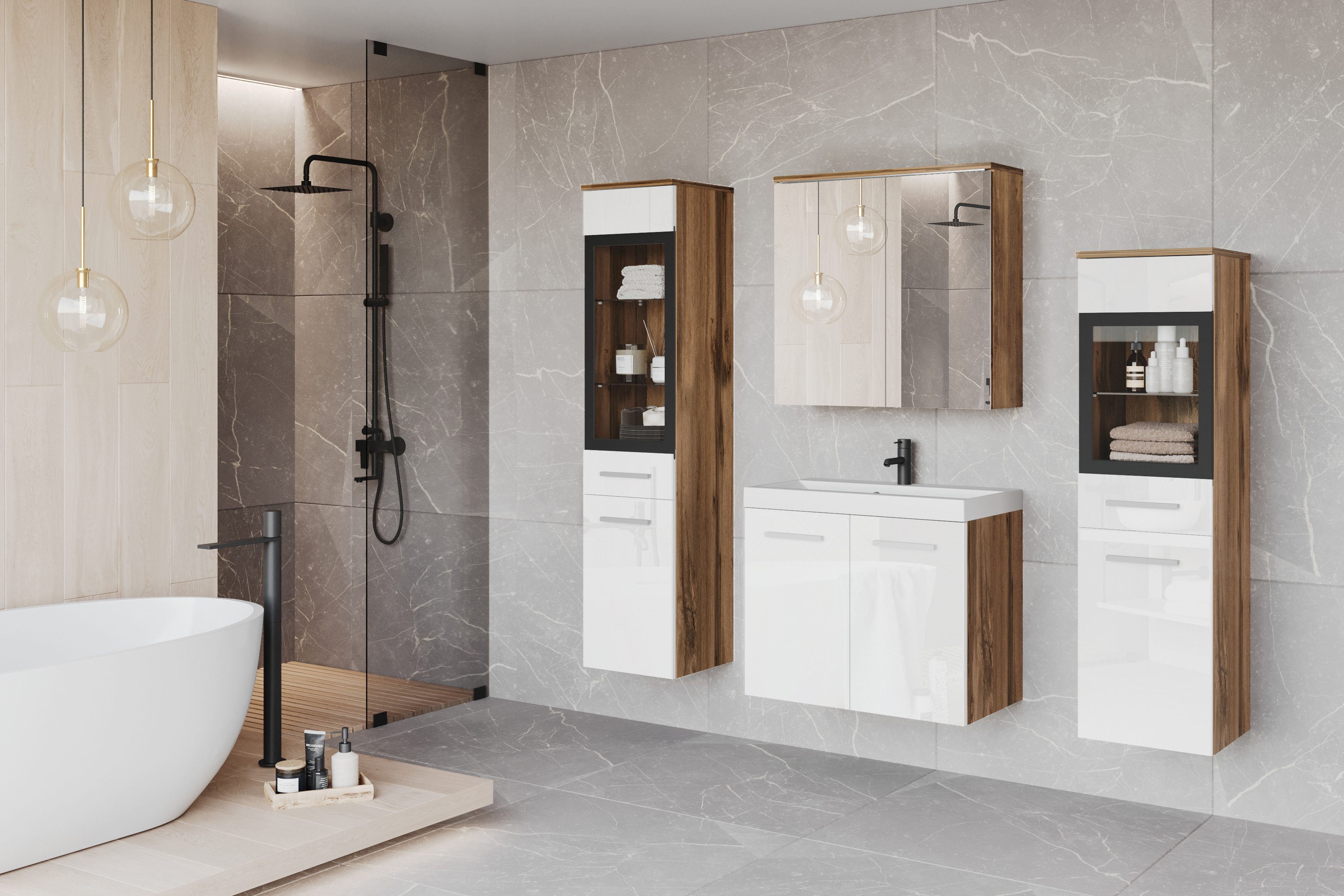 Meble łazienkowe dąb wotan/biały połysk z LED-MARIT II