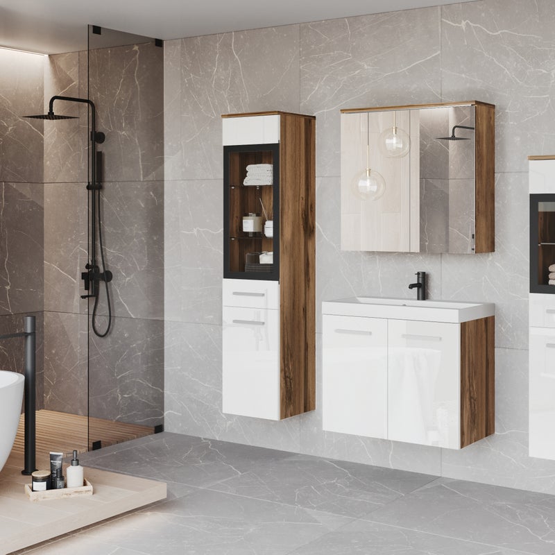 Meble łazienkowe dąb wotan/biały połysk z LED-MARIT II