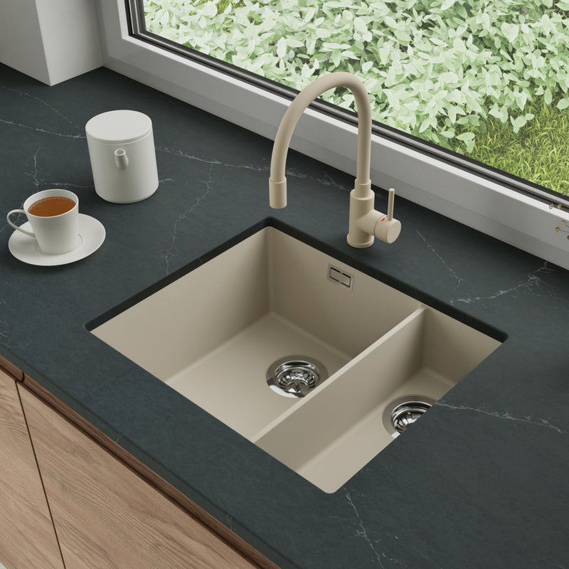 Zlewozmywak podblatowy 56x47cm, do szafki od 60cm + Bateria + Syfon - Agate Beżowy STONESTYLE