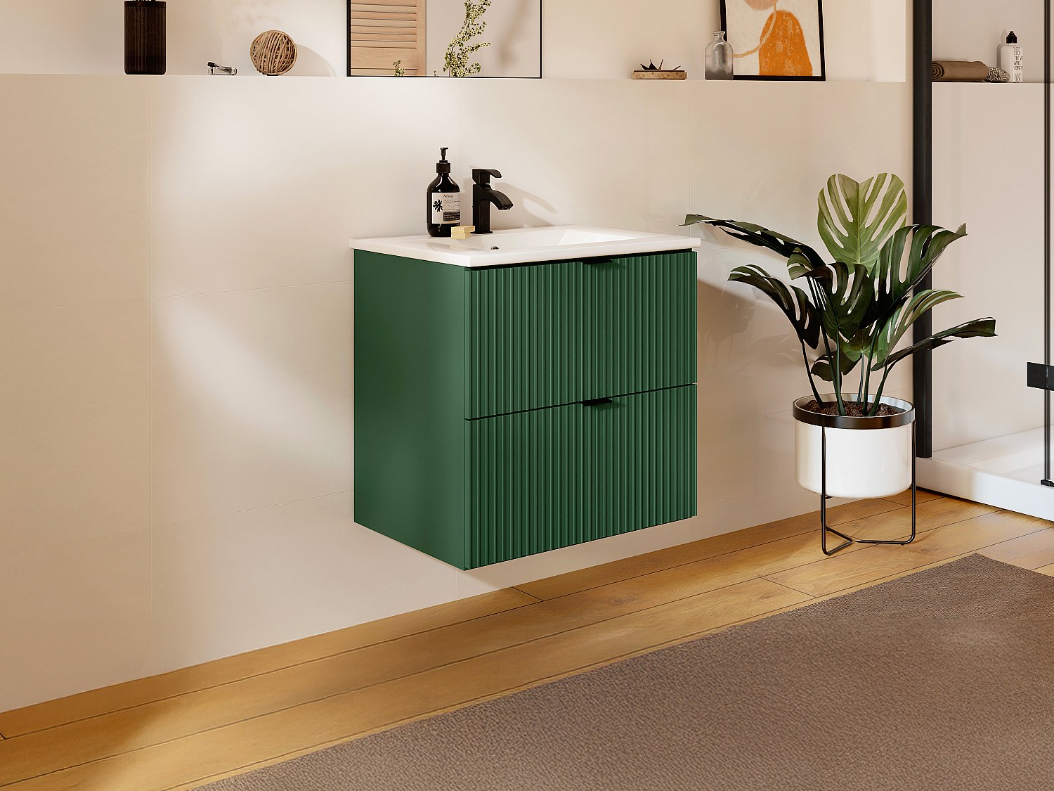 Wisząca szafka pod umywalkę prążkowana - Matowa zieleń - 60 cm - ZEVINI