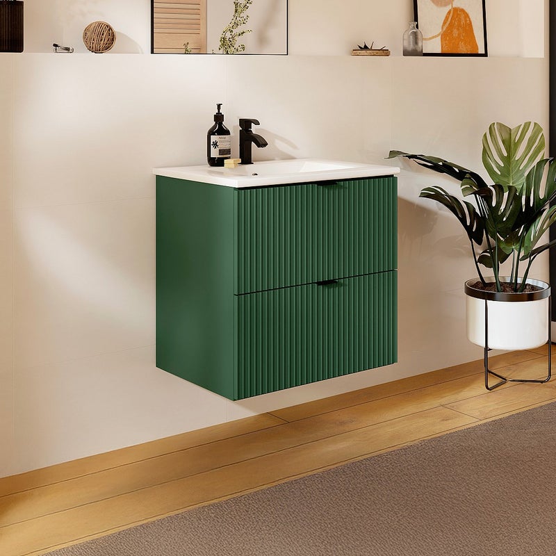 Wisząca szafka pod umywalkę prążkowana - Matowa zieleń - 60 cm - ZEVINI