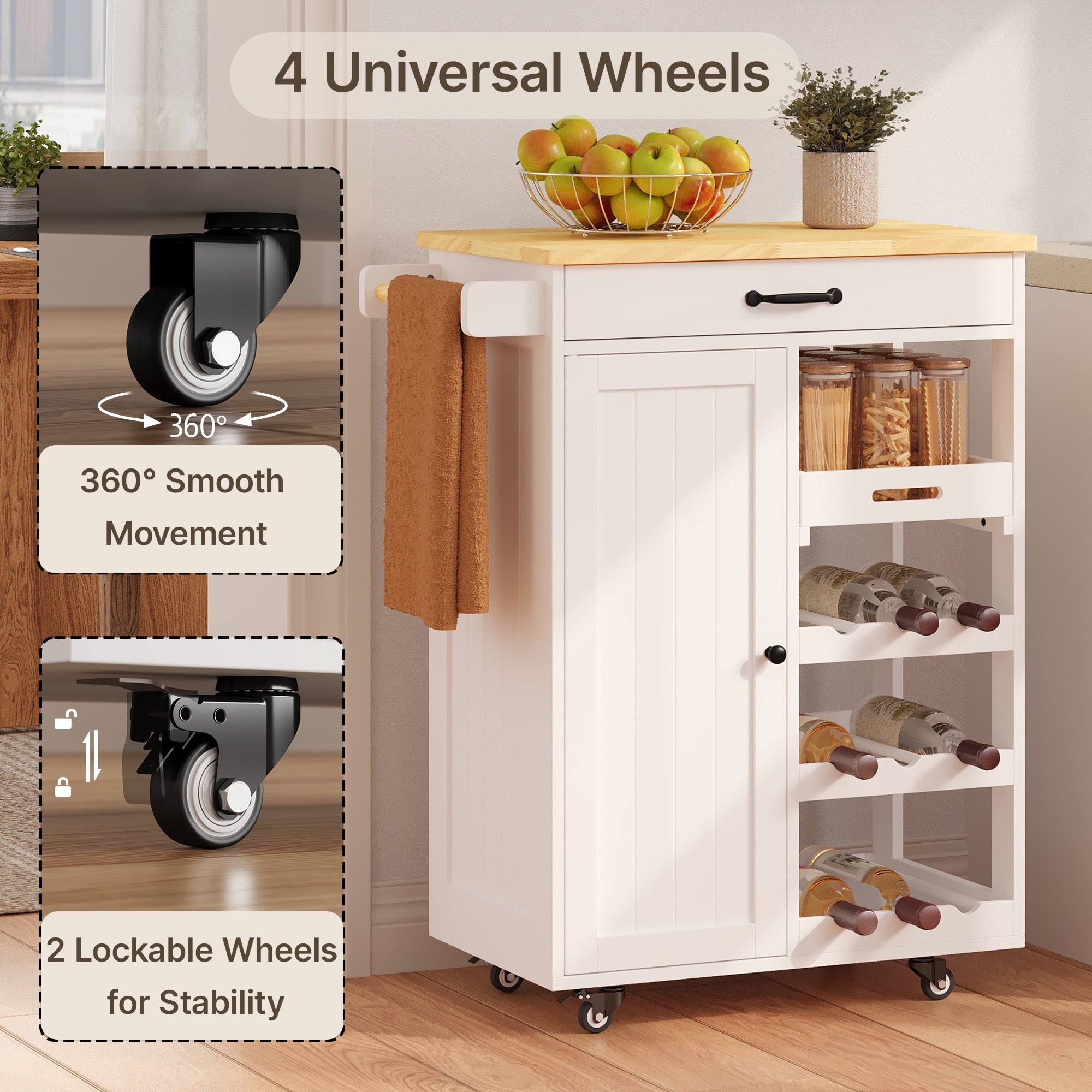 Desserte de cuisine mobile sur roulettes blanc - Chariot avec range-bouteilles, tiroir et plan de travail en bois MDF - 64x40x91cm - 4