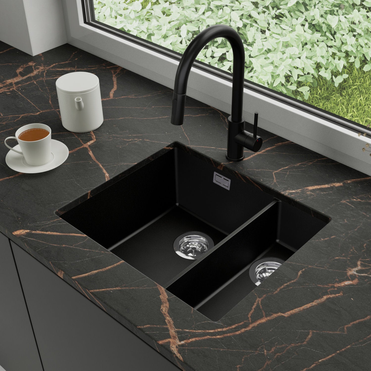 Zlewozmywak podblatowy 56x47cm, do szafki od 60cm + Bateria + Syfon - Agate Czarny STONESTYLE