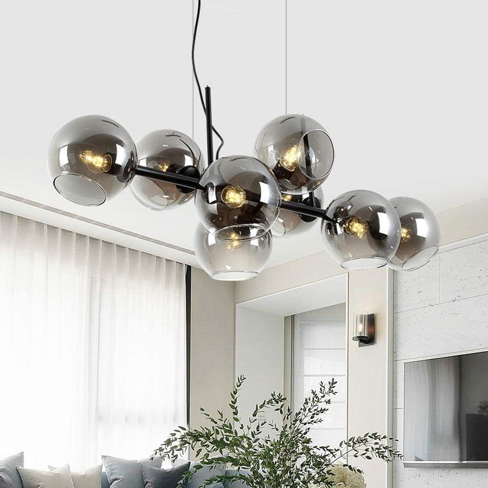 NETTLIFE Nowoczesna lampa wisząca, szklana kula w kolorze dymnej szarości, średnica 105 cm, 8 żarówek E27 do sypialni, hotelu.