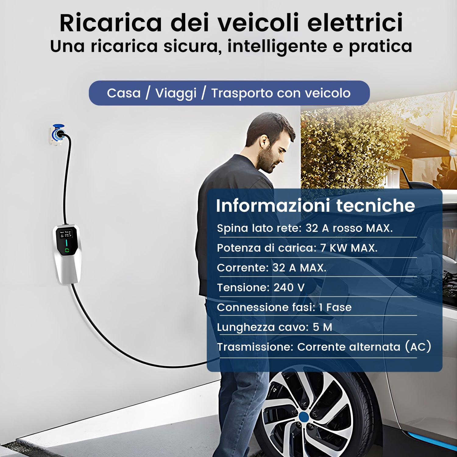 Carregador portátil JUNSUN 7kW – 32A monofásico, cabo 5m Tipo 2, IP67, ecrã LCD, corrente ajustável 6-32A, carregamento programável - 2
