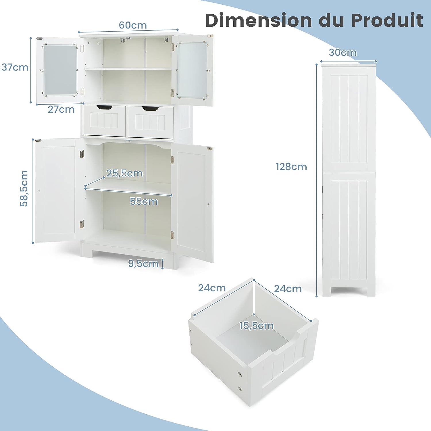 Colonne Salle de Bain Armoire Haute avec 4 Portes 2 Tiroirs,60 x 30 x 128 cm - 3