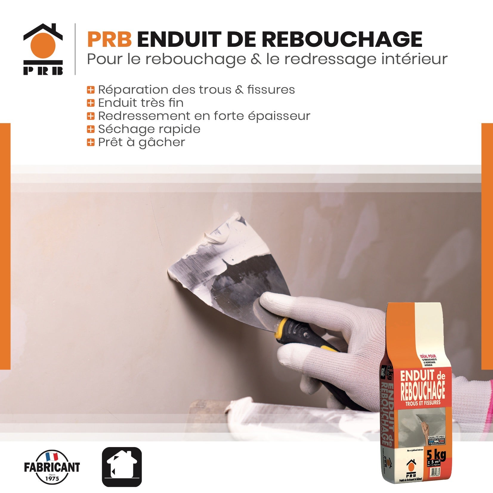 Enduit de Rebouchage 5kg - Séchage Rapide et Haute Adhérence - Réparation Trous, Fissures et Cavités pour Murs et Plafonds - 2