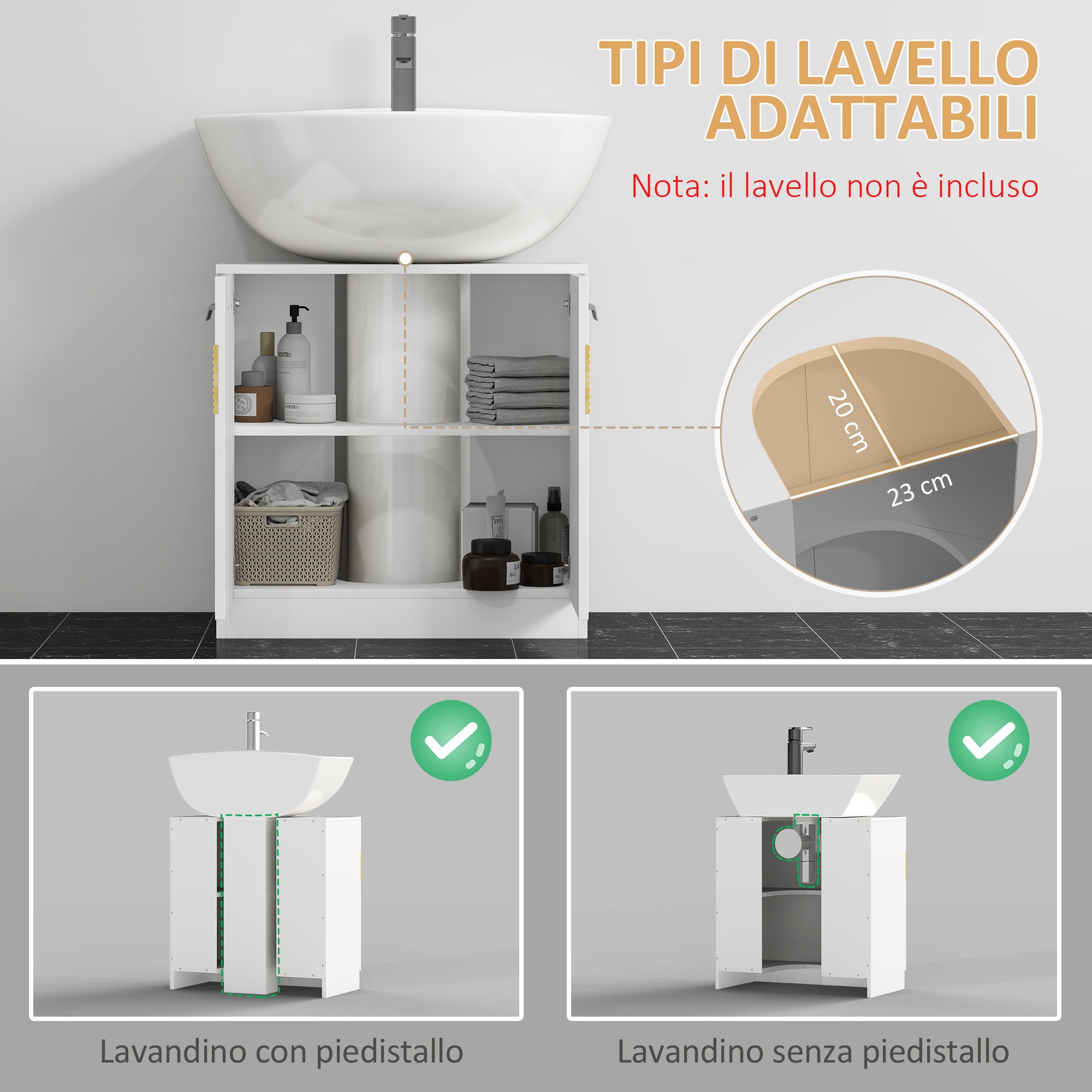 kleankin Mobile Sotto Lavabo Bagno, Mobiletto Bagno Sottolavandino con Antine in Legno Bianco, 60x30x60.5cm - 4