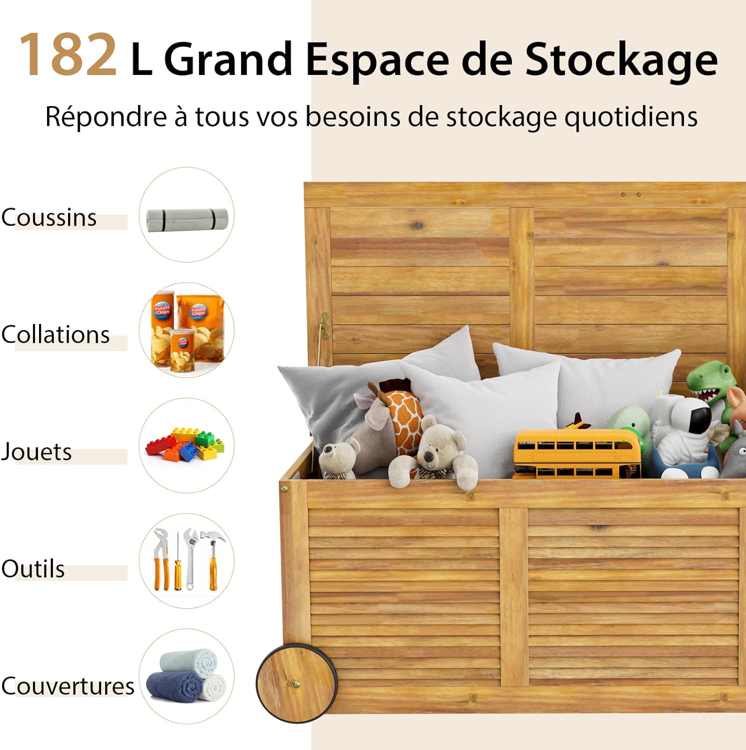 Caja de almacenamiento exterior de 182L rodante, de madera de acacia con 2 ruedas, asa lateral, funda impermeable, para cojines, juguetes, natural - 3