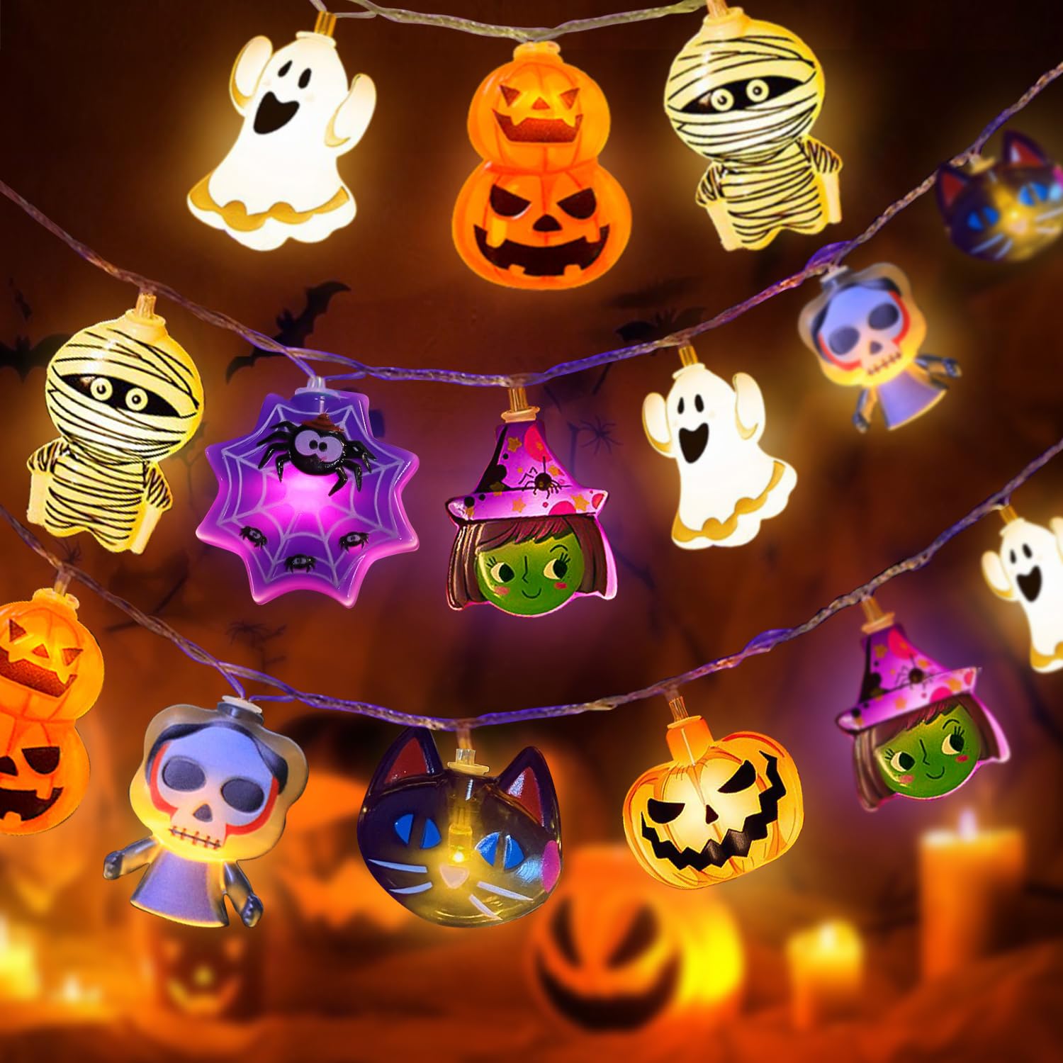 Lampki Halloween 3M z 20 diodami LED do dekoracji pokoju i ogrodu, z 2 trybami, wodoodporne, idealne na Halloween