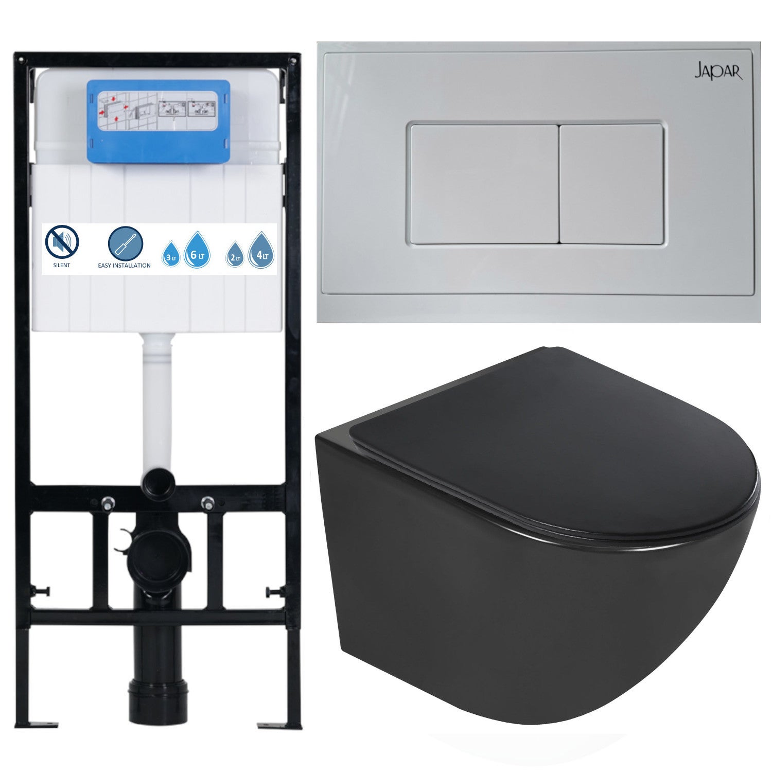 Czarna miska WC rimless bezkołnierzowa, deska soft-close Slim, Stelaż podtynkowy 113x52x12cm , przycisk