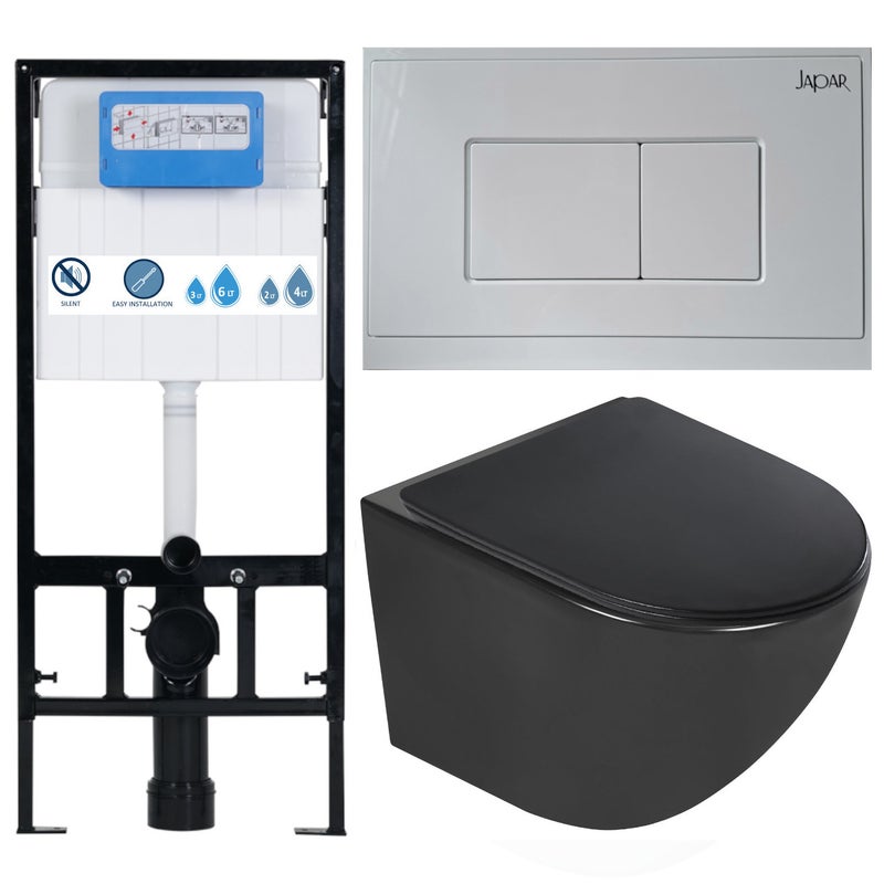 Czarna miska WC rimless bezkołnierzowa, deska soft-close Slim, Stelaż podtynkowy 113x52x12cm , przycisk