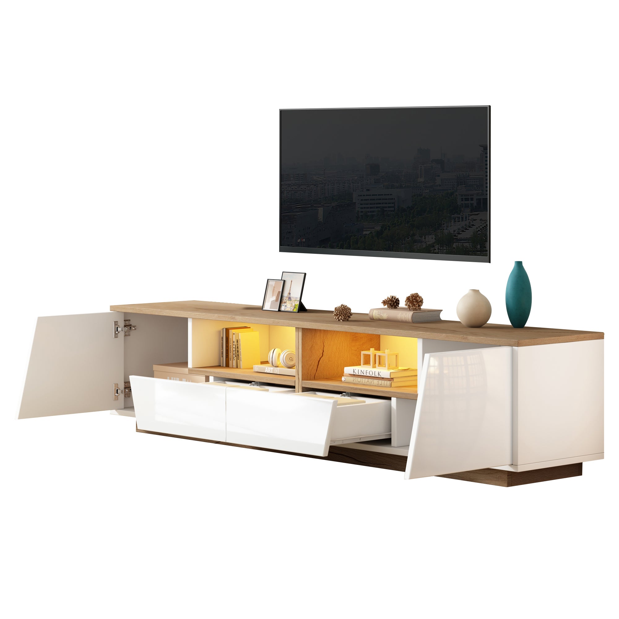 Meuble TV avec 2 portes et 2 tiroirs pour téléviseurs 75 pouces - 180 x 40 x 46 cm - Panneau de particules - Blanc + naturel - 9