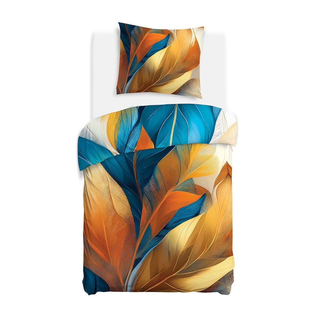 Pościel satyna bawełniana 140x200 Aurelia w złote i niebieskie liście, Satynlove Premium - Darymex