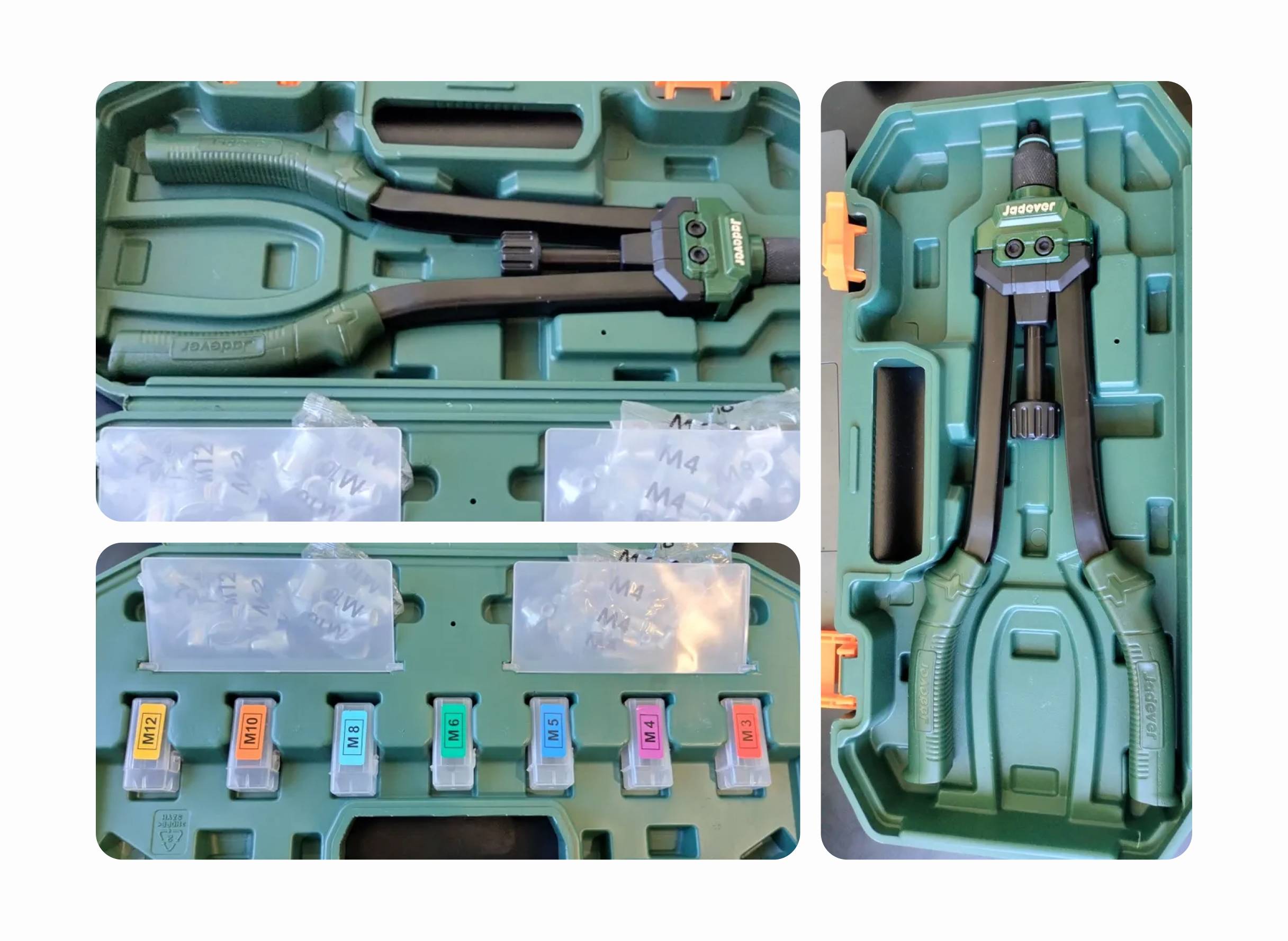 Rivettatrice Manuale Jadever Per Inserti Filettati M3-M12 - Set Con 7 Mandrini E 70 Dadi, Valigetta Inclusa