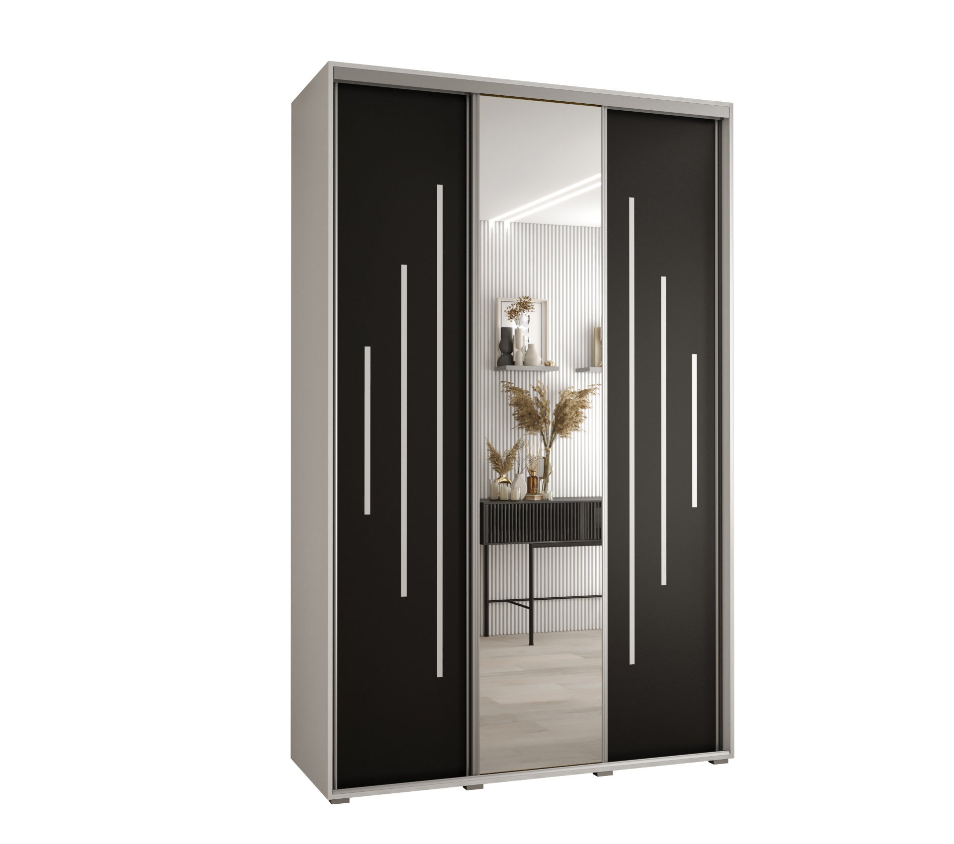 Szafa przesuwna z lustrem wysoka Davos 13 150 x 45 x 235,2 cm biały + czarny + u. srebrny - Abiks Meble