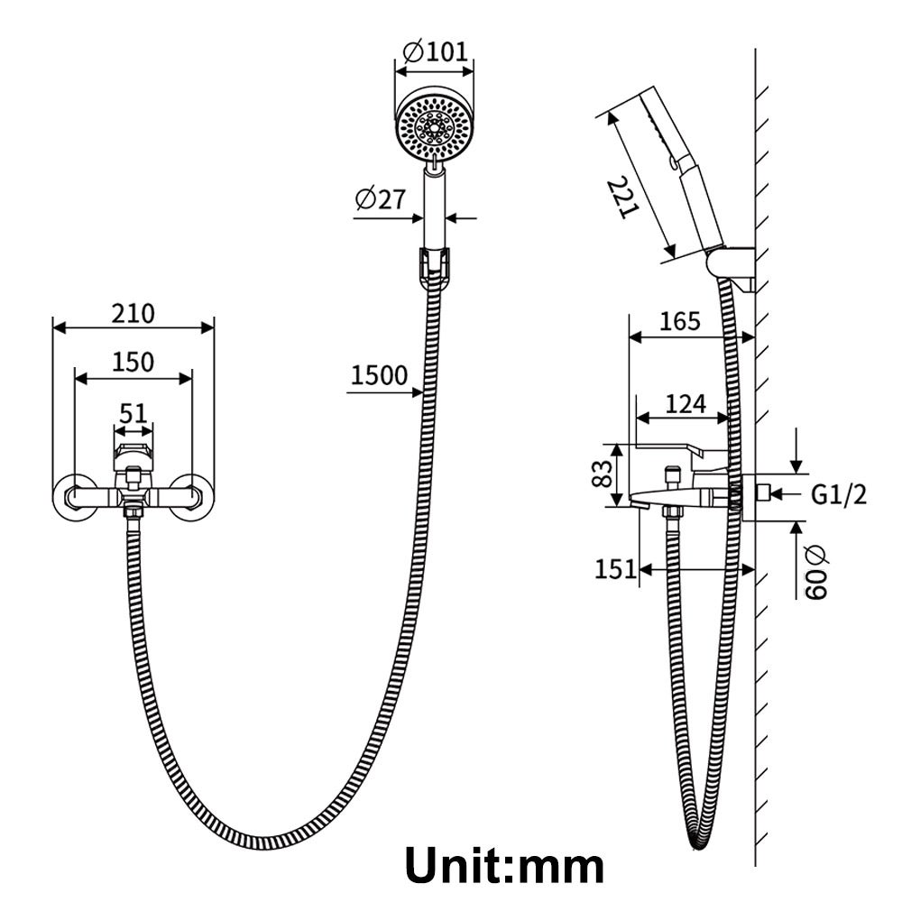 Grifo para Bañera con Ducha de Mano Cromo Montado en la Pared para Baño Ducha de Mano 5 Modos - 5