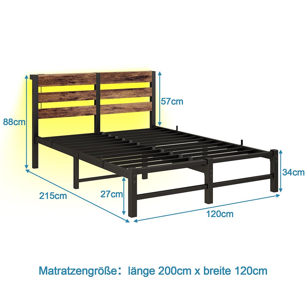 Łóżko dla dorosłych z oświetleniem LED i stacją ładującą USB, metalowa konstrukcja, materac nie wchodzi w skład zestawu, brązowe - 120 x 200 cm - 4