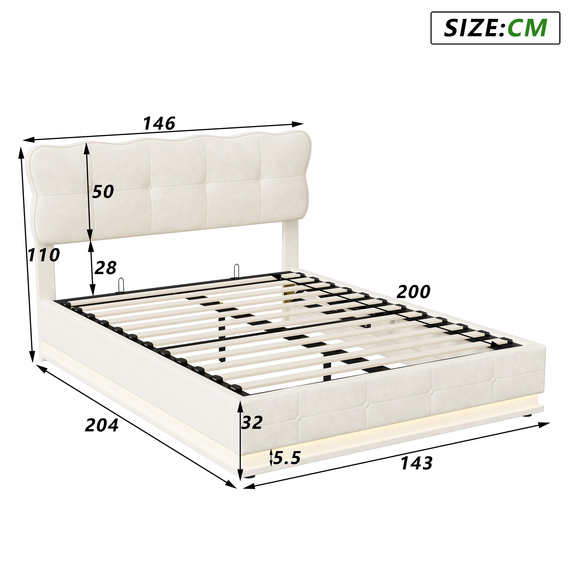 Lit coffre adulte 140x190 avec sommier, velours, LED Éclairage, structure métal, grand espace rangement, lit double, style scandinave - Beige - 6