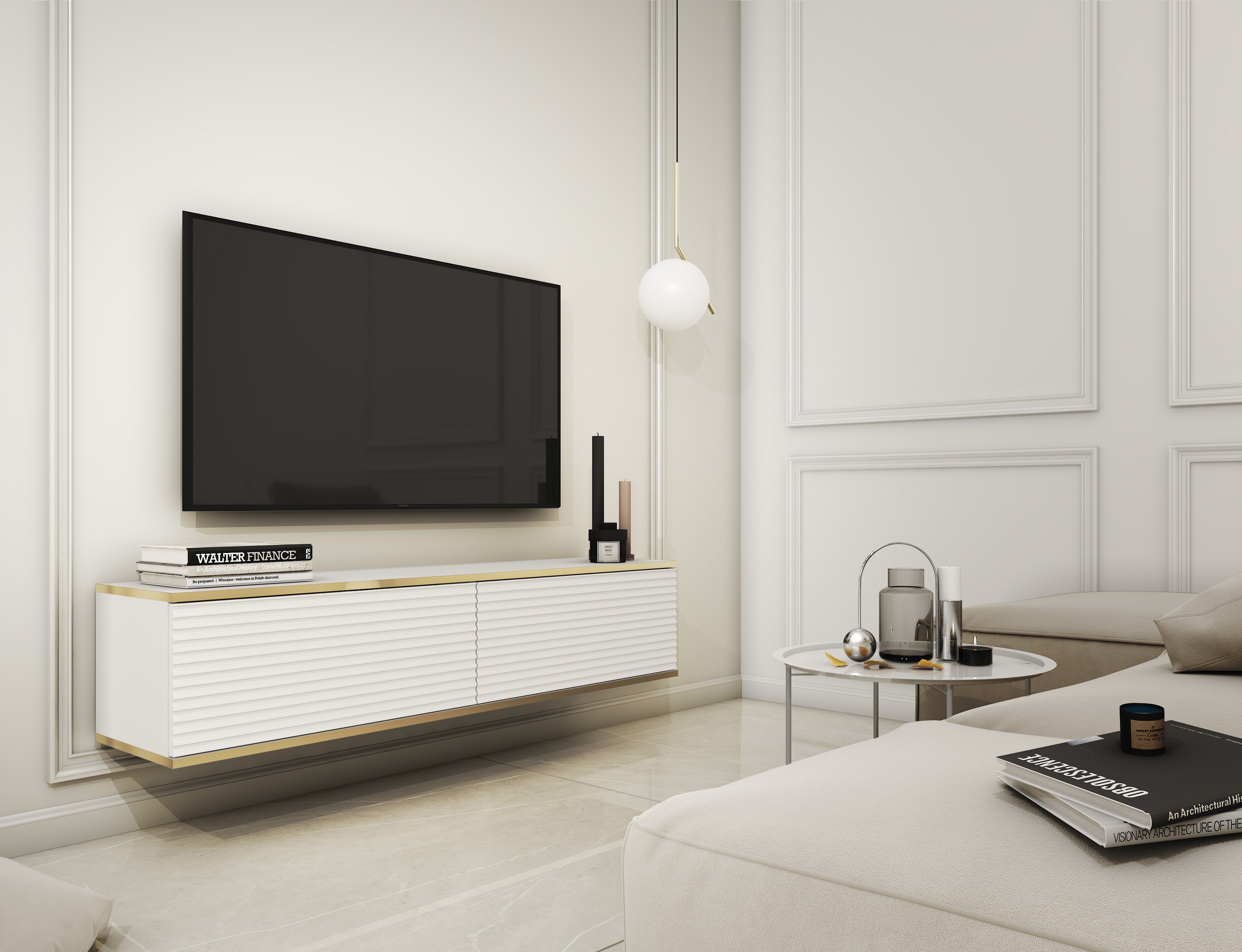 Stolik pod TV z listwami, biały, 135 x 30 x 32 cm, otwierany na wcisk - 2