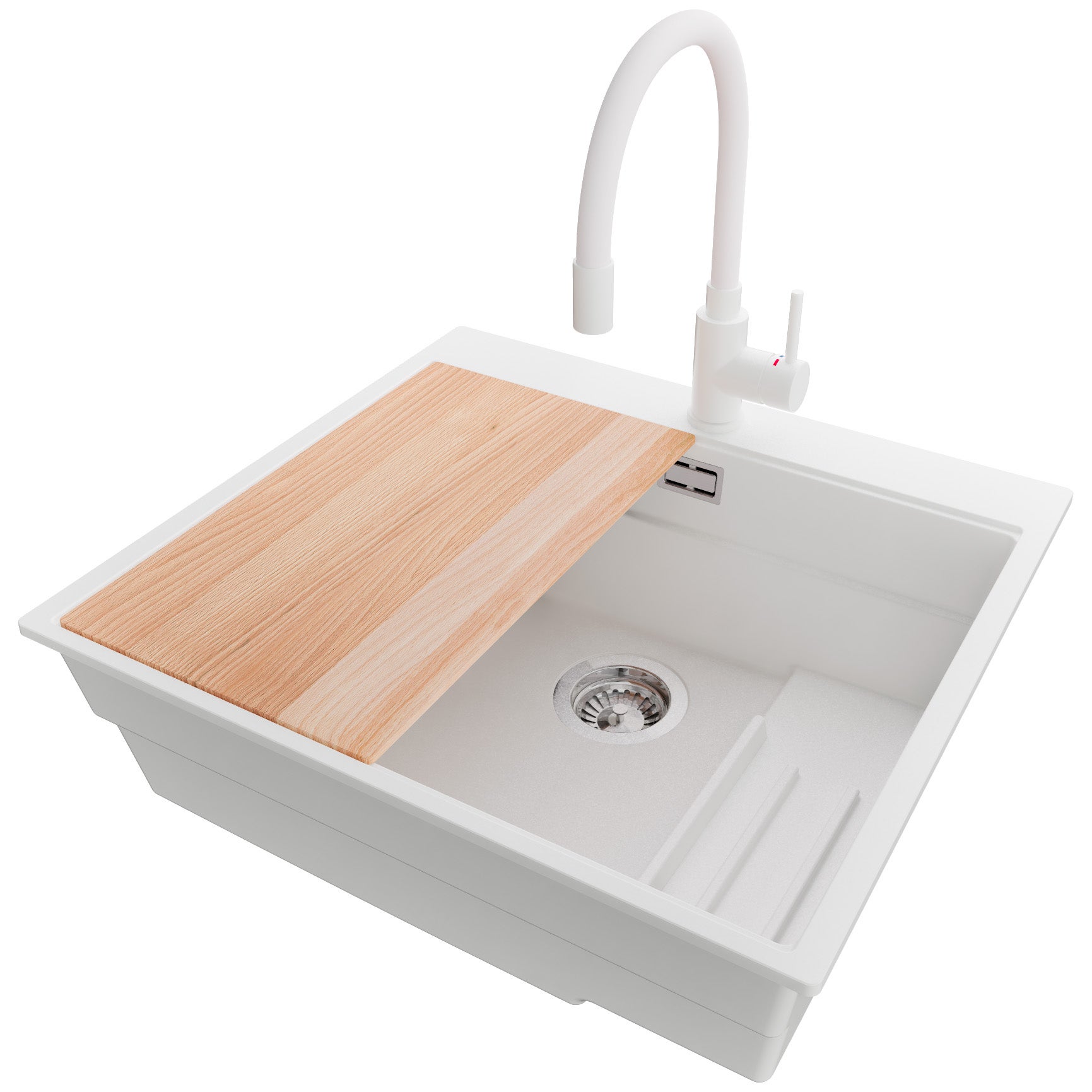 Zlewozmywak Granitowy Biały 58x53cm, Zlew Kuchenny 1 Komorowy + Bateria 38x14cm + Syfon + Akcesoria, Nablatowy do szafki od 60cm - Oslo Max PRIMAGRAN